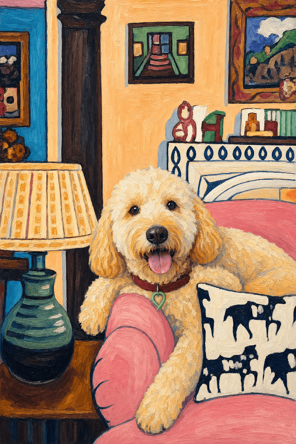 The painting shows a cozy, colorful interior with a warm peach wall and a large pink sofa in the foreground. 
      On the sofa is a white pillow patterned with black cow silhouettes, which adds a playful, rustic touch.
      The pet is resting lazily on a bright pink velvet couch. The husky’s head is rested on the arm of the couch, looked completely relaxed and content. 
      The overall mood is cheerful and intimate, with bold outlines, visible brushstrokes, and slightly simplified forms. 
      Paint in Fauvism, post-impressionism style. Use simplified shapes, exaggerates color, and flattens perspective to create charm and personality.
Use saturated, non-naturalistic colors and flattened perspective reminiscent of Henri Matisse.
The brushwork is loose, visible, and painterly, with uneven strokes that give the surface texture and movement.
The composition is flattened and slightly distorted, with compressed perspective.
The painting is expressive, utilizing thick, confident strokes and quick, rhythmic marks that prioritize texture and visual energy over realistic blending or depth.