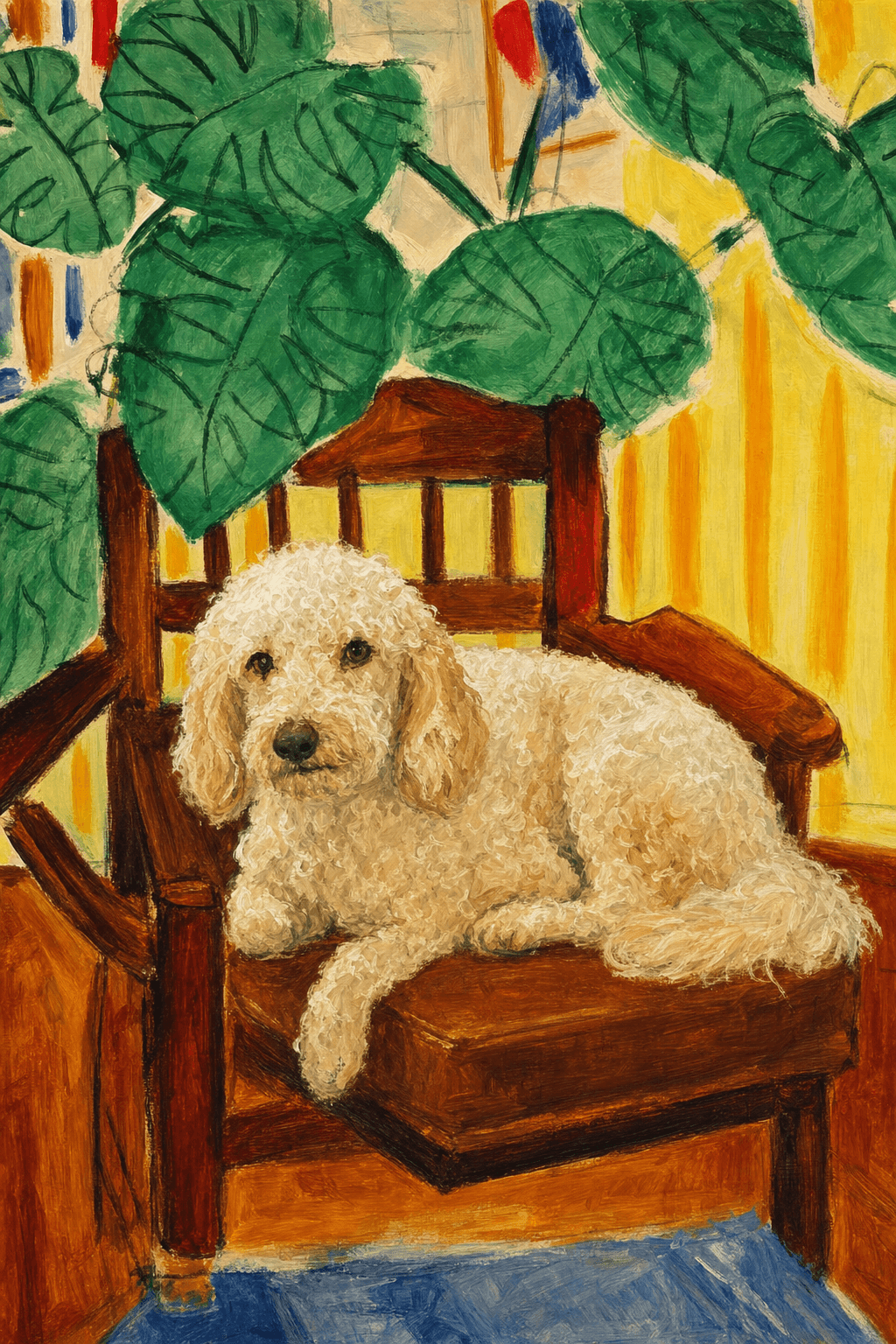 A pet sitting on a brown chair, looking at the viewer. Colors are applied with minimal blending, creating a flat, illustrative feel. The brushwork is broad, rapid, and direct. Strokes are loose, visible, applied thinly, defining the forms quickly without building up significant physical texture or impasto on the surface.