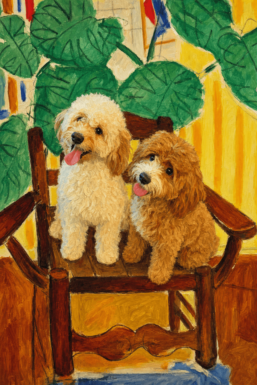 A pet sitting on a brown chair, looking at the viewer. Colors are applied with minimal blending, creating a flat, illustrative feel. The brushwork is broad, rapid, and direct. Strokes are loose, visible, applied thinly, defining the forms quickly without building up significant physical texture or impasto on the surface.