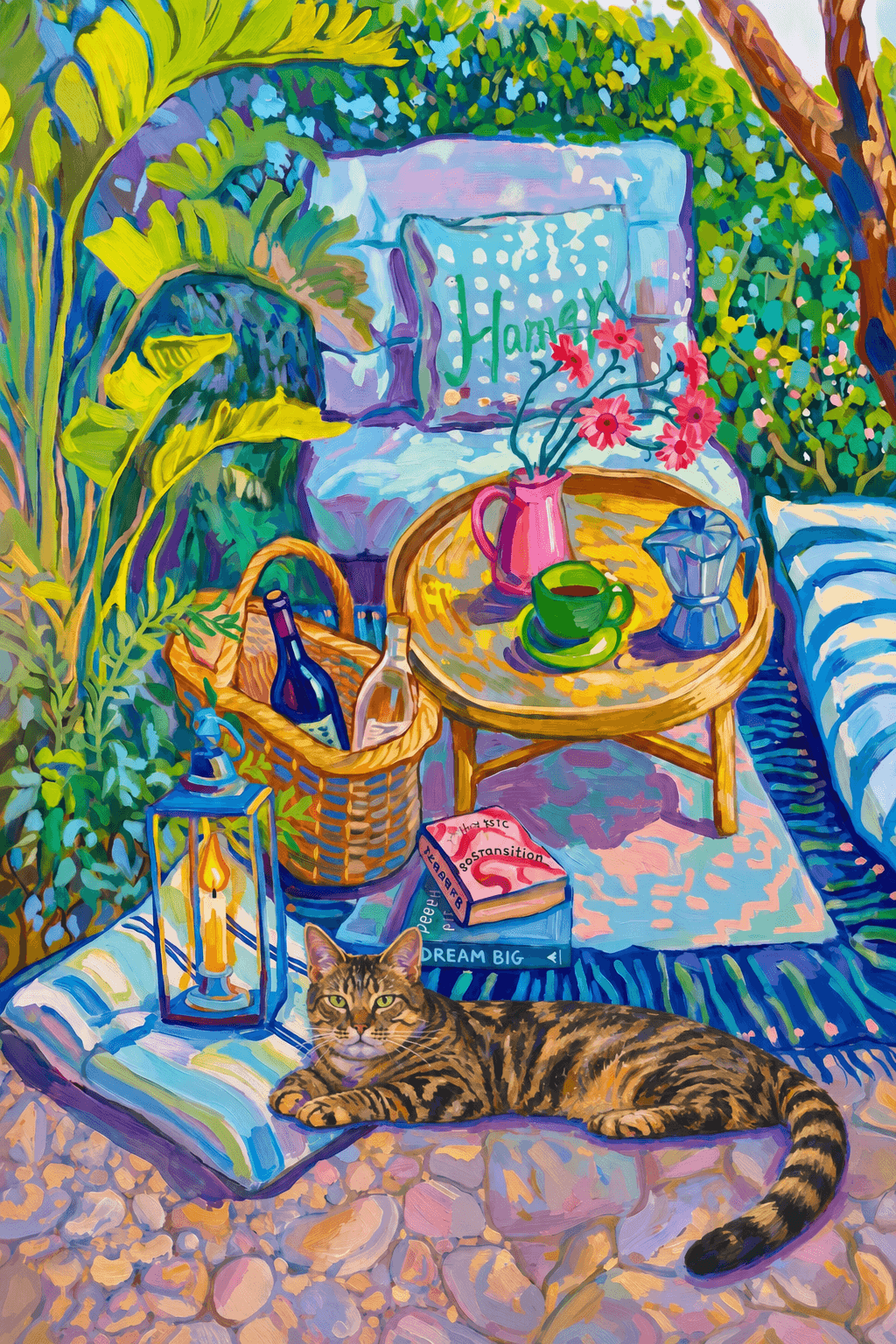 a cozy garden patio filled with lush tropical greenery, blue-and-white striped cushions, a round rattan table, picnic basket, lantern, books, flowers.
The pet is lazily resting in the foreground, almost fall asleep with a relaxed and content expression.
The composition feels intimate and inviting, with foliage and a tree trunk framing the scene, the circular table anchoring the center, and expressive brushwork plus dappled light creating a lively, relaxed outdoor atmosphere.
Art Style: Paint in Fauvism, post-impressionism style. Use simplified shapes, exaggerates color, and flattens perspective to create charm and personality.
Use saturated, non-naturalistic colors and flattened perspective reminiscent of Henri Matisse.
The brushwork is loose, visible, and painterly, with uneven strokes that give the surface texture and movement.
Paint with large areas of flat color patches, simplified shapes, bold decorative outlines, and minimal blending.
The composition is flattened and slightly distorted, with compressed perspective.
The painting is expressive, utilizing thick, confident strokes and quick, rhythmic marks that prioritize texture and visual energy over realistic blending or depth.