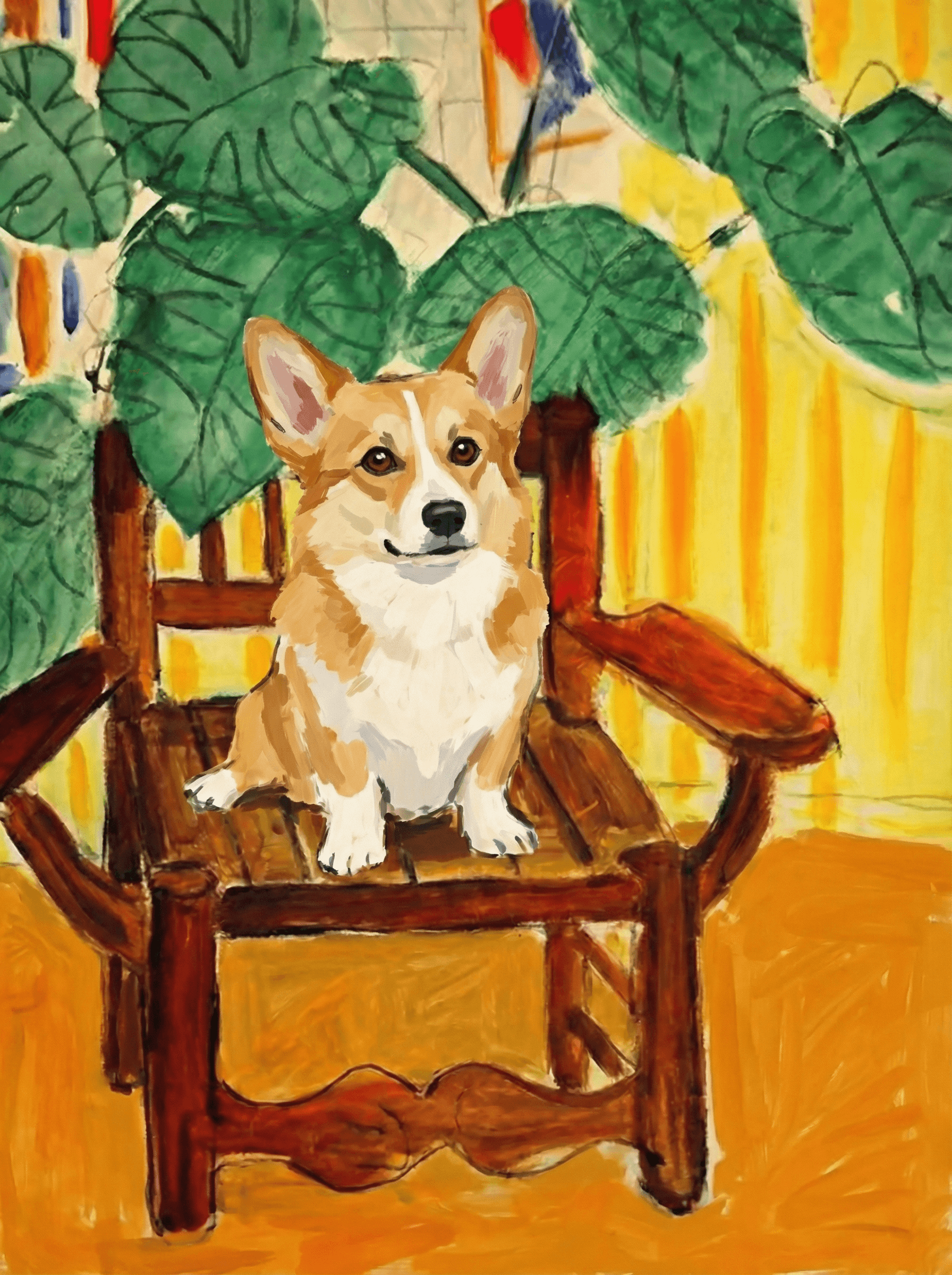 A pet sitting on a brown chair, looking at the viewer. Colors are applied with minimal blending, creating a flat, illustrative feel. The brushwork is broad, rapid, and direct. Strokes are loose, visible, applied thinly, defining the forms quickly without building up significant physical texture or impasto on the surface.