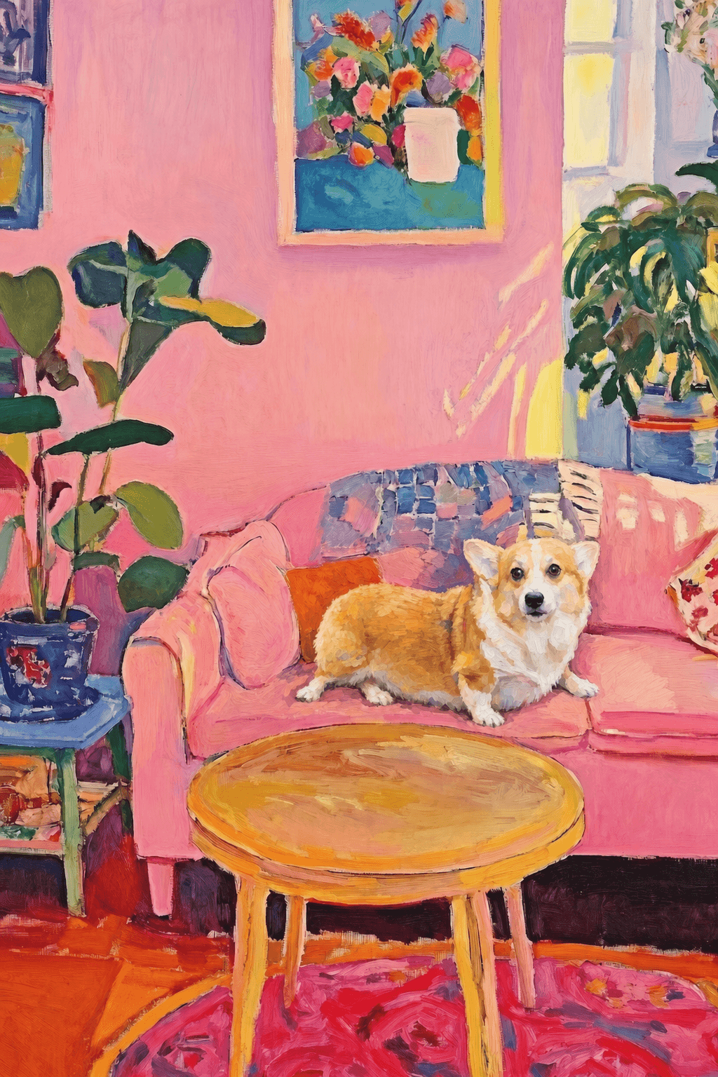 The painting shows a cozy, colorful interior with a warm pink wall and a large pink sofa in the foreground.
The pet is resting lazily on a bright pink velvet sofa. The pet’s looked completely relaxed and content.
The overall mood is cheerful and intimate, with bold outlines, visible brushstrokes, and slightly simplified forms.
Art Style: Paint in Fauvism, post-impressionism style. Use simplified shapes, exaggerates color, and flattens perspective to create charm and personality.
Use saturated, non-naturalistic colors and flattened perspective reminiscent of Henri Matisse.
The brushwork is loose, visible, and painterly, with uneven strokes that give the surface texture and movement.
Paint with large areas of flat color patches, simplified shapes, bold decorative outlines, and minimal blending.
The composition is flattened and slightly distorted, with compressed perspective.
The painting is expressive, utilizing thick, confident strokes and quick, rhythmic marks that prioritize texture and visual energy over realistic blending or depth.