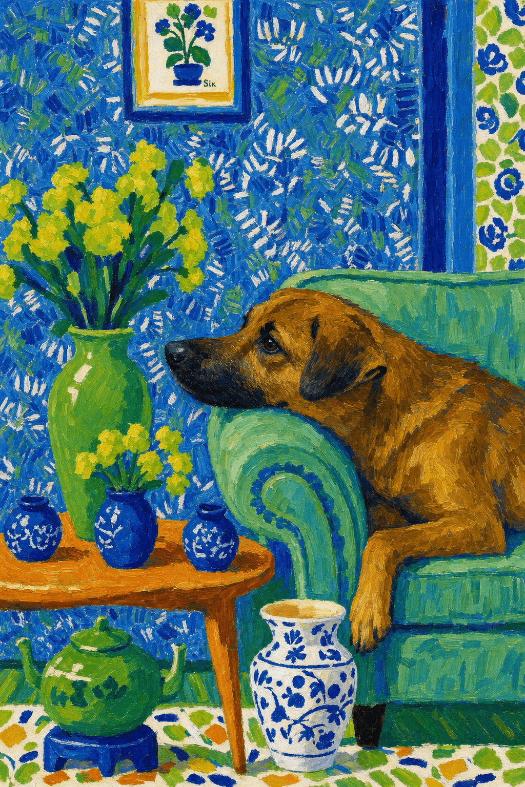 A pet lazy lying on the couch, with head tilt on the edge of couch, eye looking at the the vase. paint in post-impressionism style. Use saturated, non-naturalistic colors and flattened perspective reminiscent of Henri Matisse. painterly and expressive, utilizing thick, confident strokes and quick, rhythmic marks that prioritize texture and visual energy over realistic blending or depth.