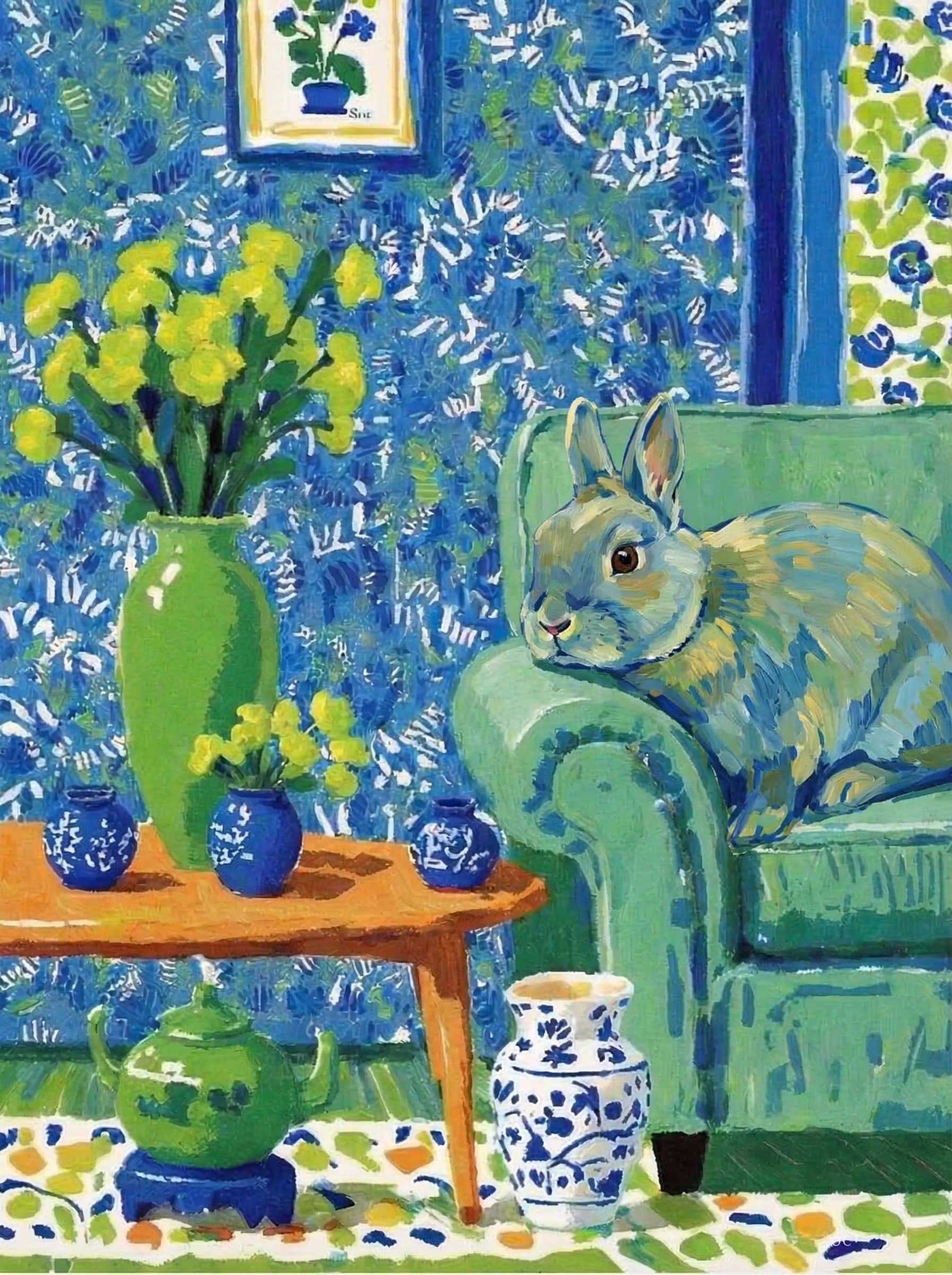 A pet lazy lying on the couch, with head tilt on the edge of couch, eye looking at the the vase. paint in post-impressionism style. Use saturated, non-naturalistic colors and flattened perspective reminiscent of Henri Matisse. painterly and expressive, utilizing thick, confident strokes and quick, rhythmic marks that prioritize texture and visual energy over realistic blending or depth.