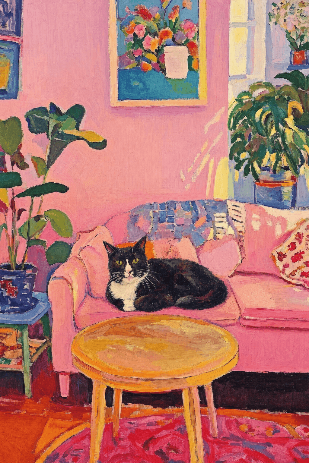 The painting shows a cozy, colorful interior with a warm pink wall and a large pink sofa in the foreground.
The pet is resting lazily on a bright pink velvet sofa. The pet’s looked completely relaxed and content.
The overall mood is cheerful and intimate, with bold outlines, visible brushstrokes, and slightly simplified forms.
Art Style: Paint in Fauvism, post-impressionism style. Use simplified shapes, exaggerates color, and flattens perspective to create charm and personality.
Use saturated, non-naturalistic colors and flattened perspective reminiscent of Henri Matisse.
The brushwork is loose, visible, and painterly, with uneven strokes that give the surface texture and movement.
Paint with large areas of flat color patches, simplified shapes, bold decorative outlines, and minimal blending.
The composition is flattened and slightly distorted, with compressed perspective.
The painting is expressive, utilizing thick, confident strokes and quick, rhythmic marks that prioritize texture and visual energy over realistic blending or depth.