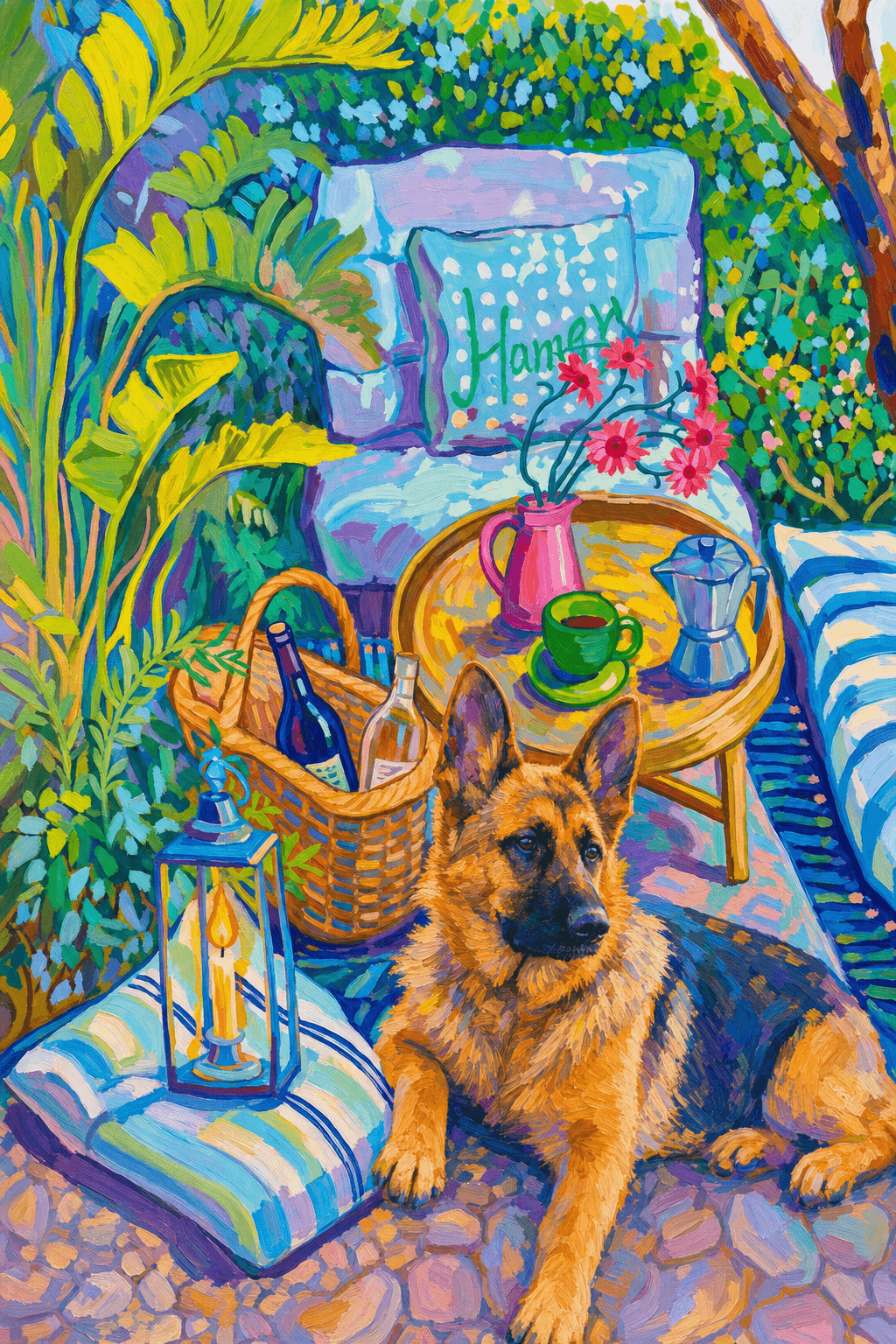 a cozy garden patio filled with lush tropical greenery, blue-and-white striped cushions, a round rattan table, picnic basket, lantern, books, flowers.
      The pet is lazily resting in the foreground, almost fall asleep with a relaxed and content expression.
      The composition feels intimate and inviting, with foliage and a tree trunk framing the scene, the circular table anchoring the center, and expressive brushwork plus dappled light creating a lively, relaxed outdoor atmosphere.
      Art Style: Paint in Fauvism, post-impressionism style. Use simplified shapes, exaggerates color, and flattens perspective to create charm and personality.
Use saturated, non-naturalistic colors and flattened perspective reminiscent of Henri Matisse.
The brushwork is loose, visible, and painterly, with uneven strokes that give the surface texture and movement.
Paint with large areas of flat color patches, simplified shapes, bold decorative outlines, and minimal blending.
The composition is flattened and slightly distorted, with compressed perspective.
The painting is expressive, utilizing thick, confident strokes and quick, rhythmic marks that prioritize texture and visual energy over realistic blending or depth.