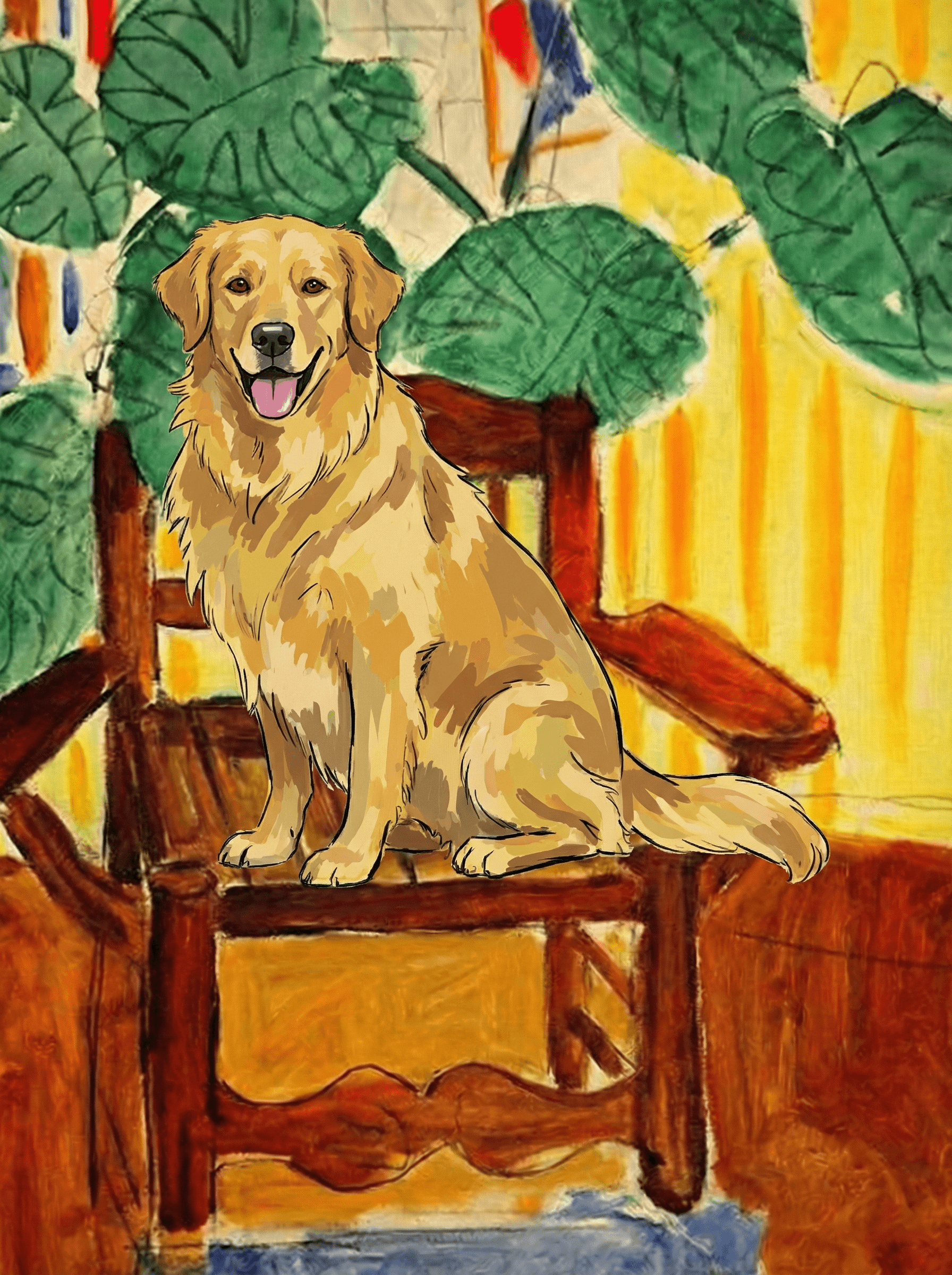 A pet sitting on a brown chair, looking at the viewer. Colors are applied with minimal blending, creating a flat, illustrative feel. The brushwork is broad, rapid, and direct. Strokes are loose, visible, applied thinly, defining the forms quickly without building up significant physical texture or impasto on the surface.