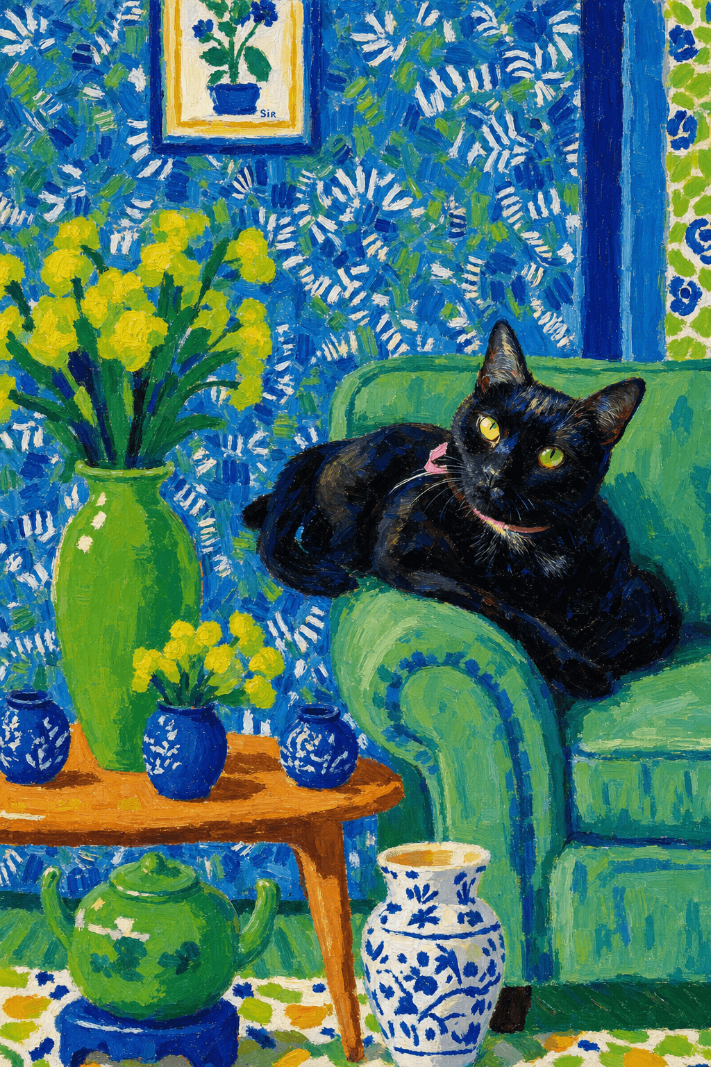 A pet lazy lying on the couch, with head tilt on the edge of couch, eye looking at the the vase. paint in post-impressionism style. Use saturated, non-naturalistic colors and flattened perspective reminiscent of Henri Matisse. painterly and expressive, utilizing thick, confident strokes and quick, rhythmic marks that prioritize texture and visual energy over realistic blending or depth.