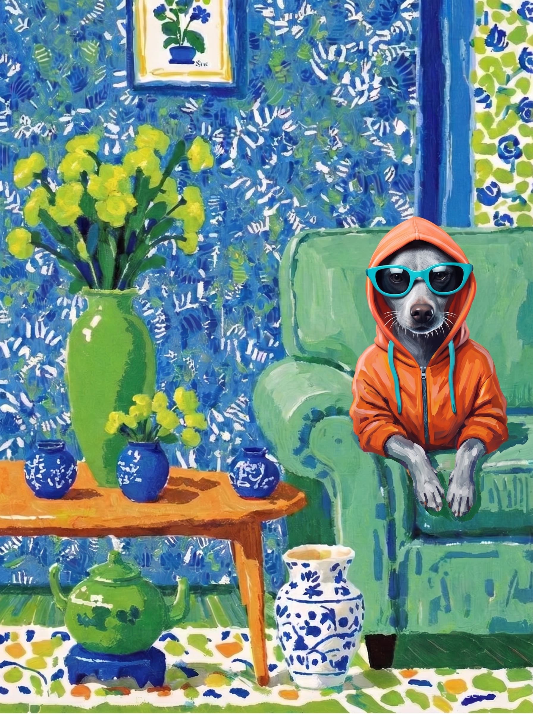 A pet lazy lying on the couch, with head tilt on the edge of couch, eye looking at the the vase. Art Style: Paint in Fauvism, post-impressionism style. Use simplified shapes, exaggerates color, and flattens perspective to create charm and personality.
Use saturated, non-naturalistic colors and flattened perspective reminiscent of Henri Matisse.
The brushwork is loose, visible, and painterly, with uneven strokes that give the surface texture and movement.
Paint with large areas of flat color patches, simplified shapes, bold decorative outlines, and minimal blending.
The composition is flattened and slightly distorted, with compressed perspective.
The painting is expressive, utilizing thick, confident strokes and quick, rhythmic marks that prioritize texture and visual energy over realistic blending or depth.