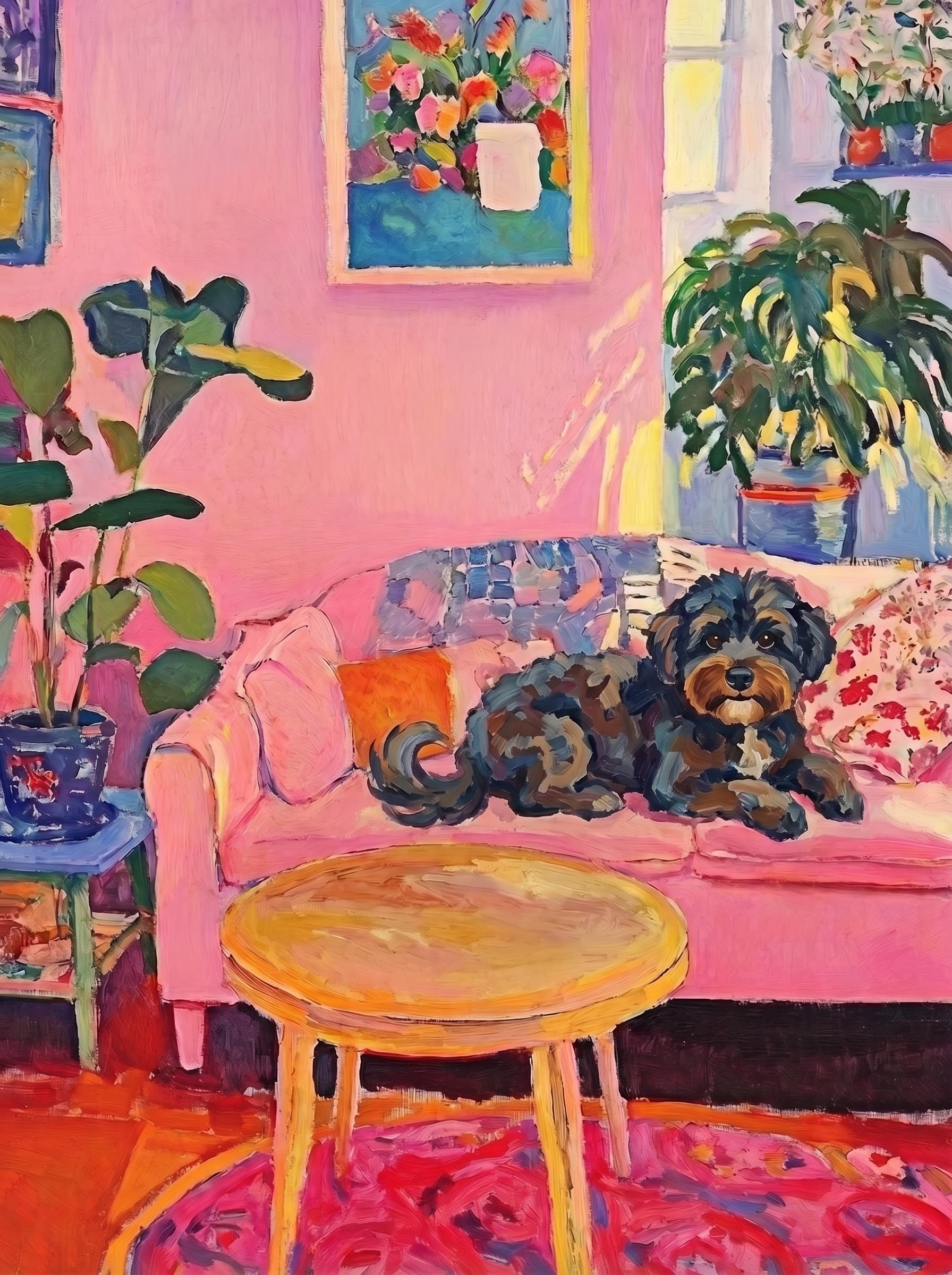 The painting shows a cozy, colorful interior with a warm pink wall and a large pink sofa in the foreground.
      The pet is resting lazily on a bright pink velvet sofa. The pet’s looked completely relaxed and content.
      The overall mood is cheerful and intimate, with bold outlines, visible brushstrokes, and slightly simplified forms.
      Art Style: Paint in Fauvism, post-impressionism style. Use simplified shapes, exaggerates color, and flattens perspective to create charm and personality.
Use saturated, non-naturalistic colors and flattened perspective reminiscent of Henri Matisse.
The brushwork is loose, visible, and painterly, with uneven strokes that give the surface texture and movement.
Paint with large areas of flat color patches, simplified shapes, bold decorative outlines, and minimal blending.
The composition is flattened and slightly distorted, with compressed perspective.
The painting is expressive, utilizing thick, confident strokes and quick, rhythmic marks that prioritize texture and visual energy over realistic blending or depth.