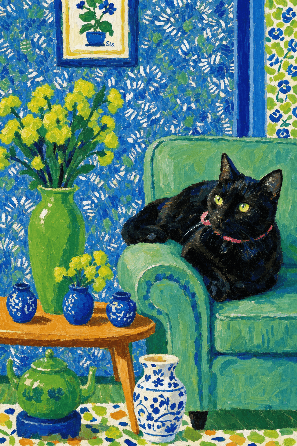 A pet lazy lying on the couch, with head tilt on the edge of couch, eye looking at the the vase. paint in post-impressionism style. Use saturated, non-naturalistic colors and flattened perspective reminiscent of Henri Matisse. painterly and expressive, utilizing thick, confident strokes and quick, rhythmic marks that prioritize texture and visual energy over realistic blending or depth.