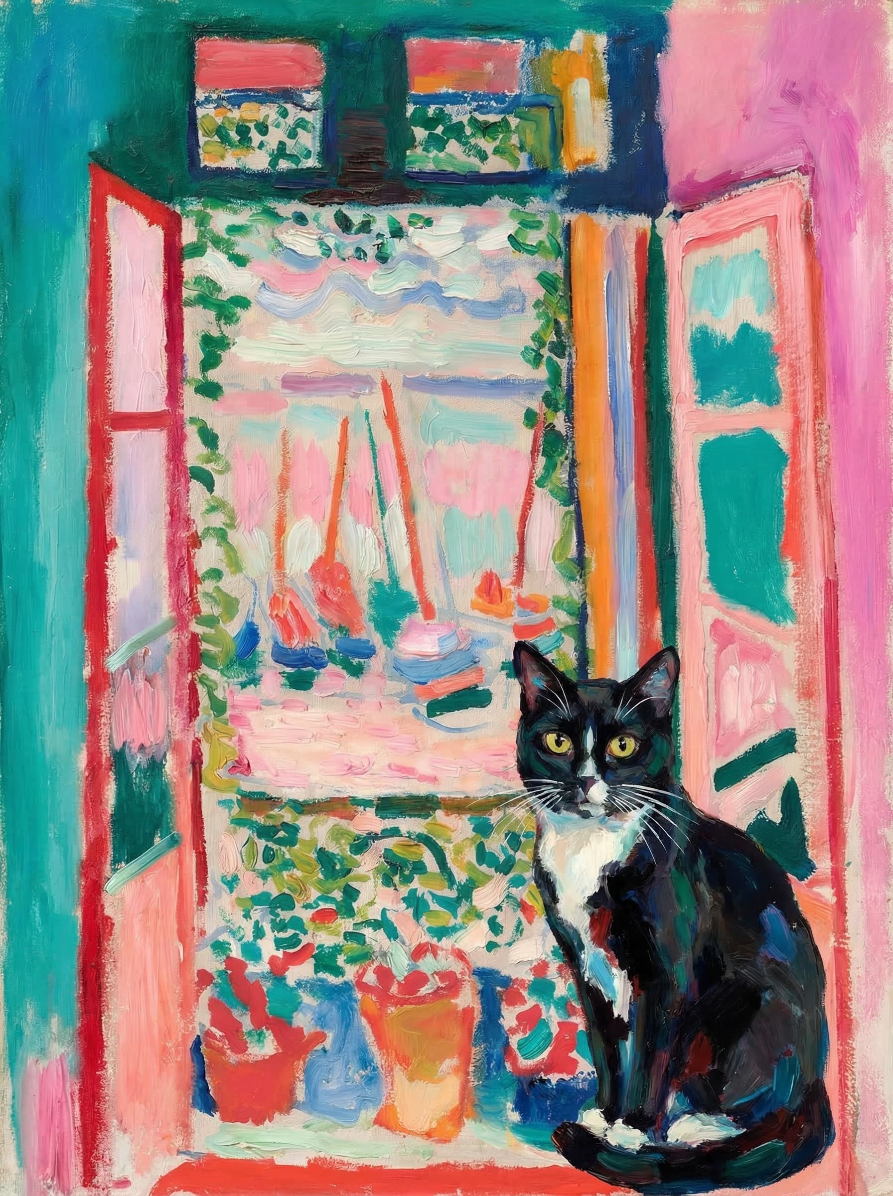 A pet sitting on the right bottom frame of an open door, with its back to the opening while facing the room, looking at the viewer, slight leaning on the right-side door panel. Paint in post-impressionism style. Use loosely painted, vibrantly colored, stylized, vertical painting.