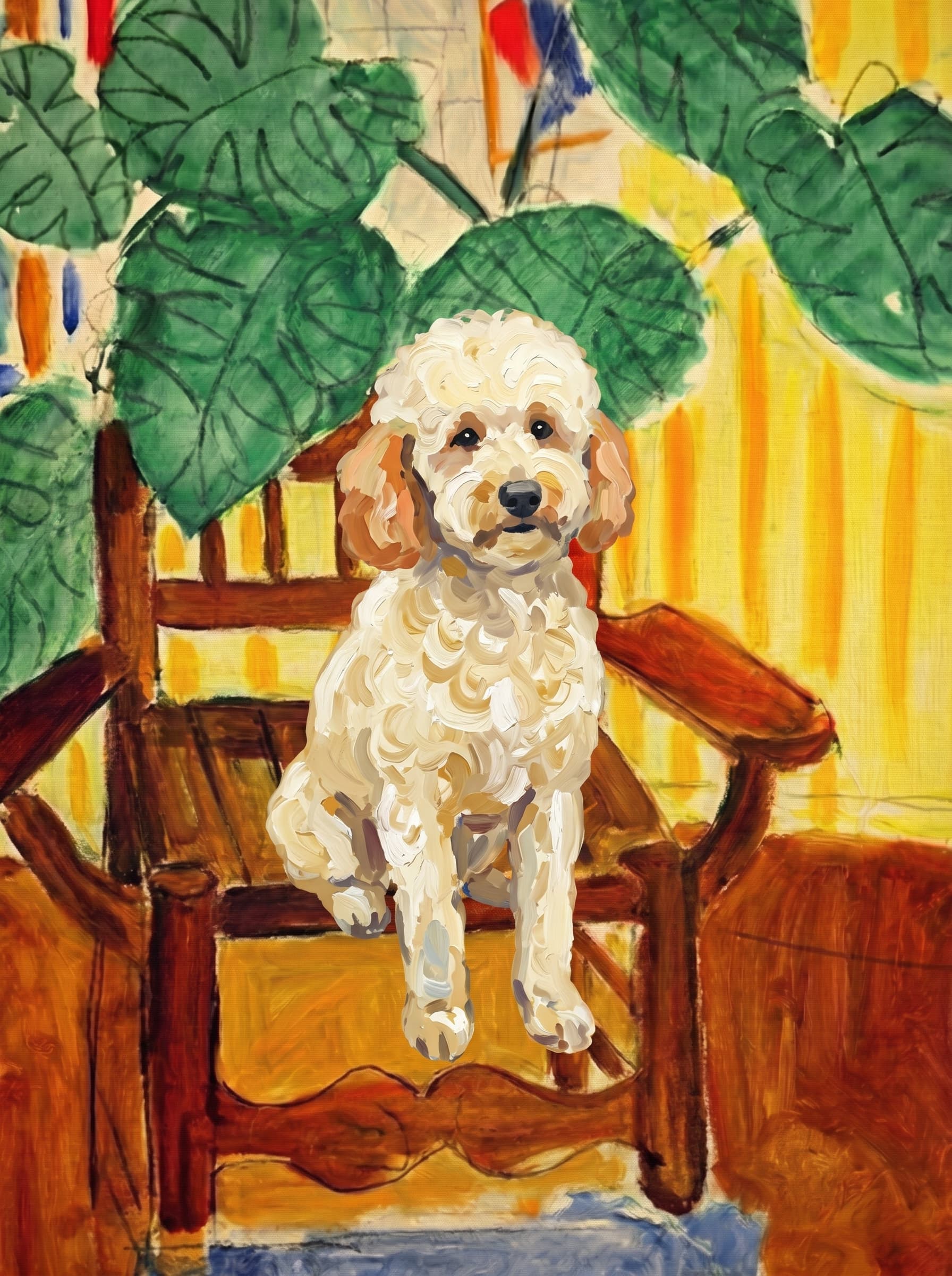 A pet sitting on a brown chair, looking at the viewer. Art Style: Paint in Fauvism, post-impressionism style. Use simplified shapes, exaggerates color, and flattens perspective to create charm and personality.
Use saturated, non-naturalistic colors and flattened perspective reminiscent of Henri Matisse.
The brushwork is loose, visible, and painterly, with uneven strokes that give the surface texture and movement.
Paint with large areas of flat color patches, simplified shapes, bold decorative outlines, and minimal blending.
The composition is flattened and slightly distorted, with compressed perspective.
The painting is expressive, utilizing thick, confident strokes and quick, rhythmic marks that prioritize texture and visual energy over realistic blending or depth.