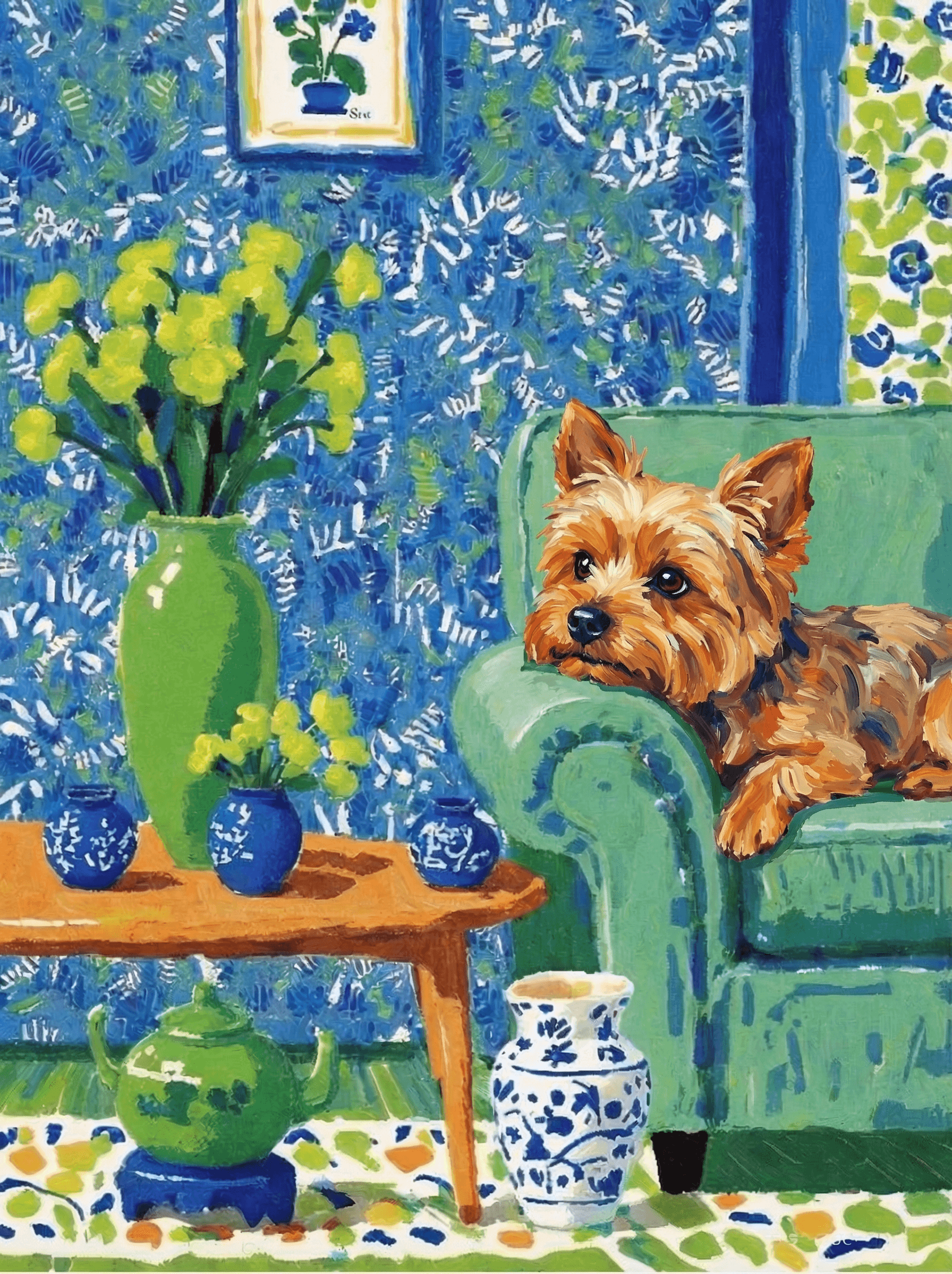 A pet lazy lying on the couch, with head tilt on the edge of couch, eye looking at the the vase. paint in post-impressionism style. Use saturated, non-naturalistic colors and flattened perspective reminiscent of Henri Matisse. painterly and expressive, utilizing thick, confident strokes and quick, rhythmic marks that prioritize texture and visual energy over realistic blending or depth.