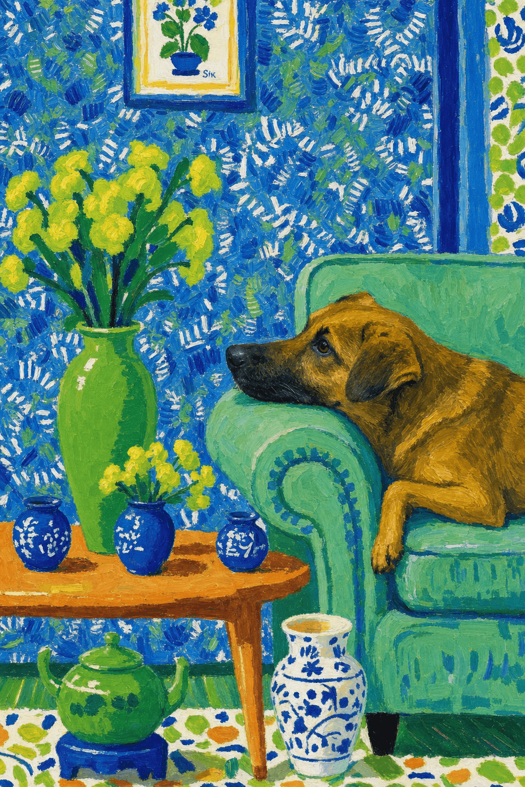 A pet lazy lying on the couch, with head tilt on the edge of couch, eye looking at the the vase. paint in post-impressionism style. Use saturated, non-naturalistic colors and flattened perspective reminiscent of Henri Matisse. painterly and expressive, utilizing thick, confident strokes and quick, rhythmic marks that prioritize texture and visual energy over realistic blending or depth.