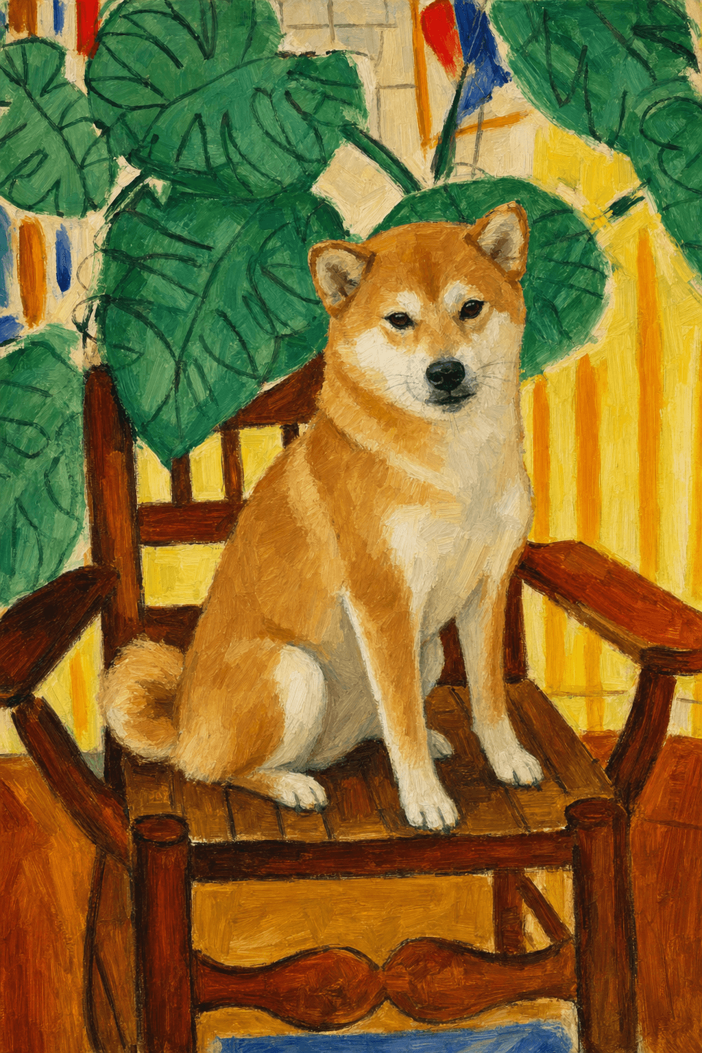 A pet sitting on a brown chair, looking at the viewer. Colors are applied with minimal blending, creating a flat, illustrative feel. The brushwork is broad, rapid, and direct. Strokes are loose, visible, applied thinly, defining the forms quickly without building up significant physical texture or impasto on the surface.