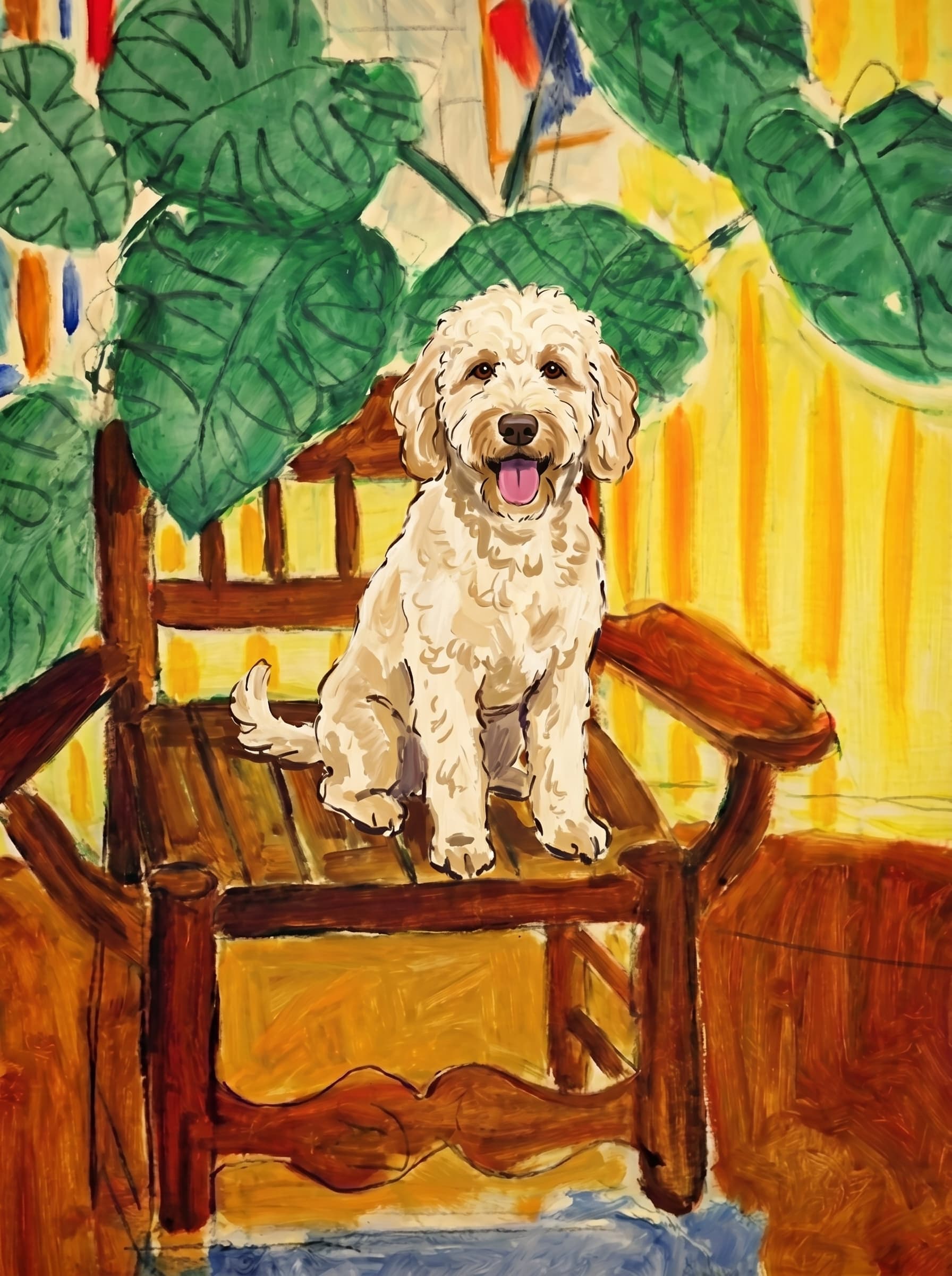 A pet sitting on a brown chair, looking at the viewer. Colors are applied with minimal blending, creating a flat, illustrative feel. The brushwork is broad, rapid, and direct. Strokes are loose, visible, applied thinly, defining the forms quickly without building up significant physical texture or impasto on the surface.