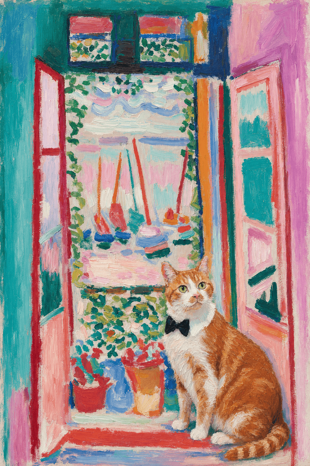A pet sitting on the right bottom frame of an open door, with its back to the opening while facing the room, looking at the viewer, slight leaning on the right-side door panel. Paint in post-impressionism style. Use loosely painted, vibrantly colored, stylized, vertical painting.