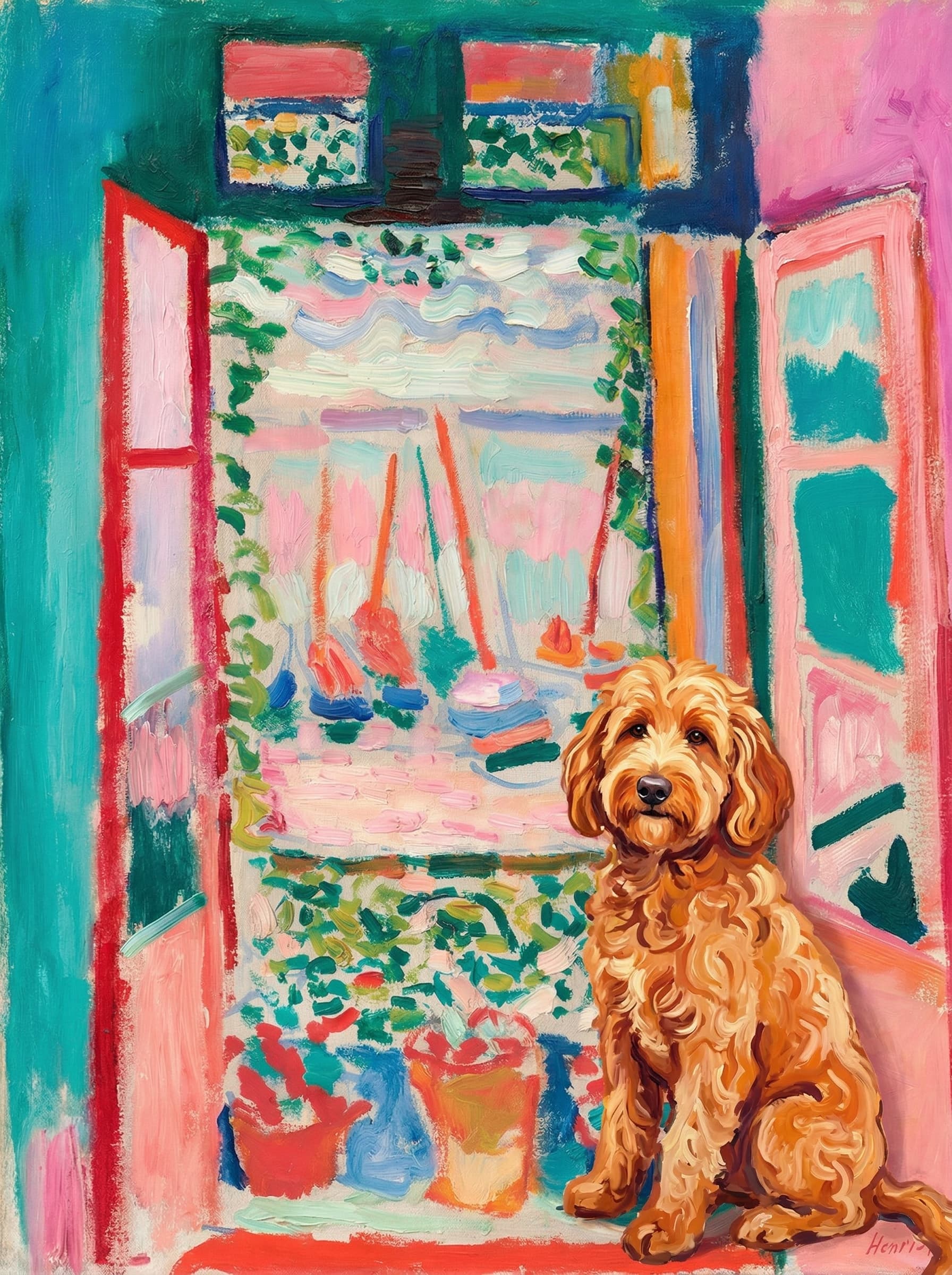 A pet sitting on the right bottom frame of an open door, with its back to the opening while facing the room, looking at the viewer, slight leaning on the right-side door panel. Paint in post-impressionism style. Use loosely painted, vibrantly colored, stylized, vertical painting.