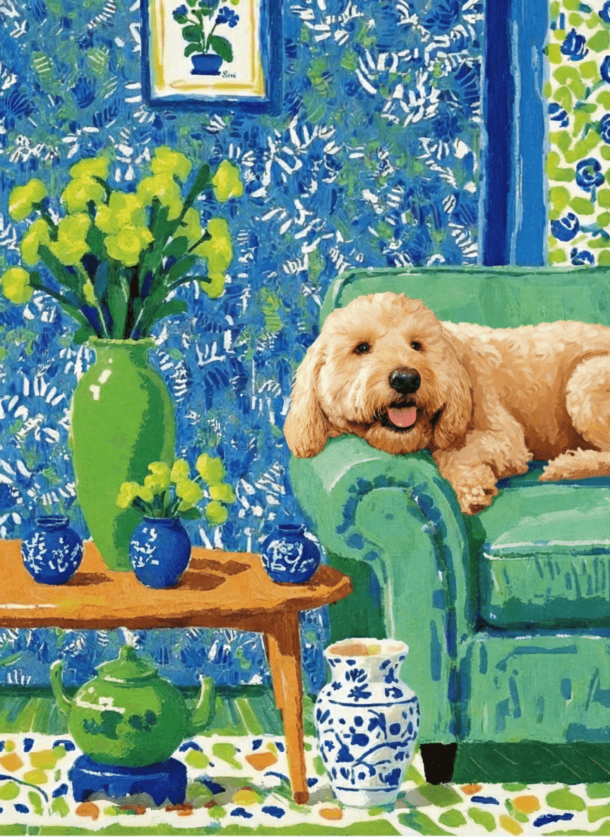 A pet lazy lying on the couch, with head tilt on the edge of couch, eye looking at the the vase. paint in post-impressionism style. Use saturated, non-naturalistic colors and flattened perspective reminiscent of Henri Matisse. painterly and expressive, utilizing thick, confident strokes and quick, rhythmic marks that prioritize texture and visual energy over realistic blending or depth.