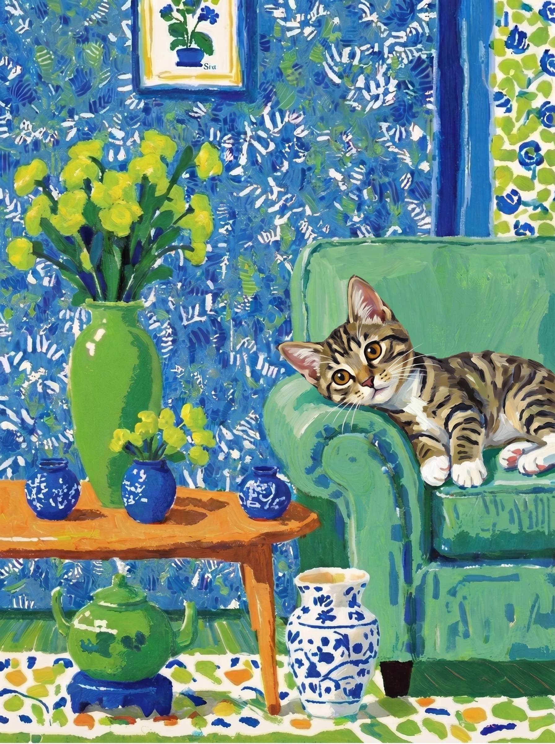 A pet lazy lying on the couch, with head tilt on the edge of couch, eye looking at the the vase. Art Style: Paint in Fauvism, post-impressionism style. Use simplified shapes, exaggerates color, and flattens perspective to create charm and personality.
Use saturated, non-naturalistic colors and flattened perspective reminiscent of Henri Matisse.
The brushwork is loose, visible, and painterly, with uneven strokes that give the surface texture and movement.
Paint with large areas of flat color patches, simplified shapes, bold decorative outlines, and minimal blending.
The composition is flattened and slightly distorted, with compressed perspective.
The painting is expressive, utilizing thick, confident strokes and quick, rhythmic marks that prioritize texture and visual energy over realistic blending or depth.