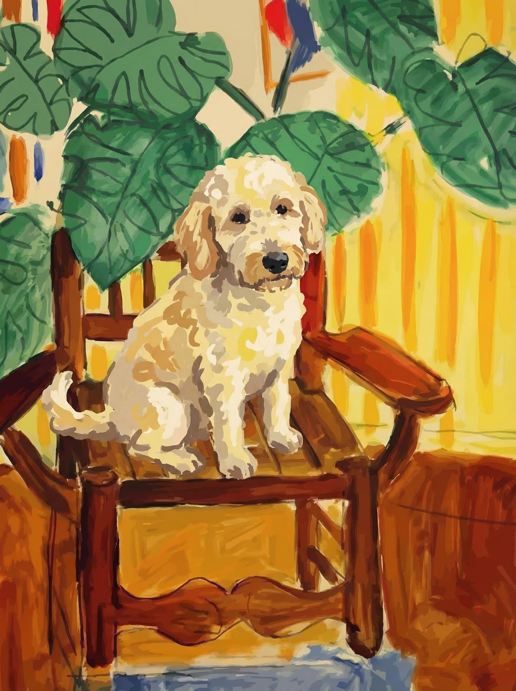 A pet sitting on a brown chair, looking at the viewer. Colors are applied with minimal blending, creating a flat, illustrative feel. The brushwork is broad, rapid, and direct. Strokes are loose, visible, applied thinly, defining the forms quickly without building up significant physical texture or impasto on the surface.