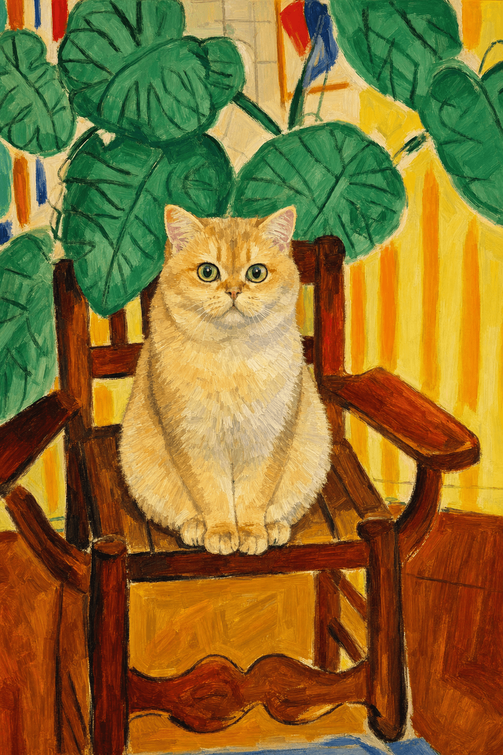 A pet sitting on a brown chair, looking at the viewer. Colors are applied with minimal blending, creating a flat, illustrative feel. The brushwork is broad, rapid, and direct. Strokes are loose, visible, applied thinly, defining the forms quickly without building up significant physical texture or impasto on the surface.
