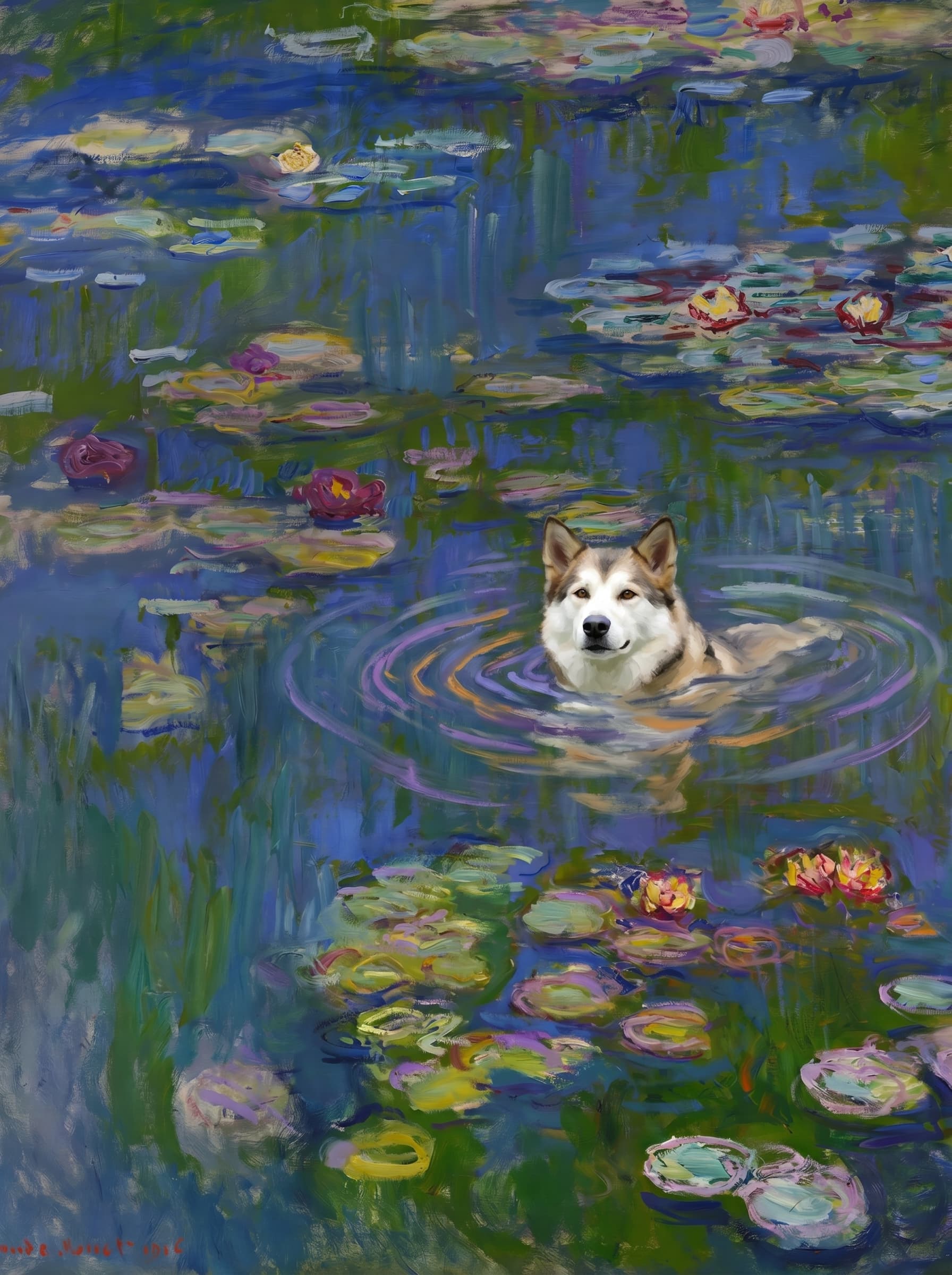 The pet should appear naturally integrated into the middle of the pond, swimming calmly through the water with only its head, upper neck, and a subtle suggestion of its back visible above the surface.
The pet should be facing forward and looking directly at the viewer. Its wet fur should be suggested through painterly strokes.
Blend the pet into the scene using Monet-like impressionist oil painting techniques: visible layered brushstrokes, soft broken color, blue-green reflections, violet shadows, golden-orange highlights, and shimmering ripples around the pet.
The water should partially obscure the pet’s body, with delicate circular ripples spreading outward. Nearby lily pads and water lilies should remain undisturbed but subtly interact with the ripples.
The pet must feel like it was originally painted into the artwork, not pasted on top. Match the atmospheric softness, painterly texture, scale, perspective, and color harmony of the original Water Lilies painting.
Avoid photorealism, sharp outlines, modern digital effects, or excessive detail. The final image should look like a whimsical impressionist oil painting in the spirit of late Monet, with the pet quietly swimming among the lily pads at the center of the pond.
Art Style: Paint in Fauvism, post-impressionism style. Use simplified shapes, exaggerates color, and flattens perspective to create charm and personality.
Use saturated, non-naturalistic colors and flattened perspective reminiscent of Henri Matisse.
The brushwork is loose, visible, and painterly, with uneven strokes that give the surface texture and movement.
Paint with large areas of flat color patches, simplified shapes, bold decorative outlines, and minimal blending.
The composition is flattened and slightly distorted, with compressed perspective.
The painting is expressive, utilizing thick, confident strokes and quick, rhythmic marks that prioritize texture and visual energy over realistic blending or depth.