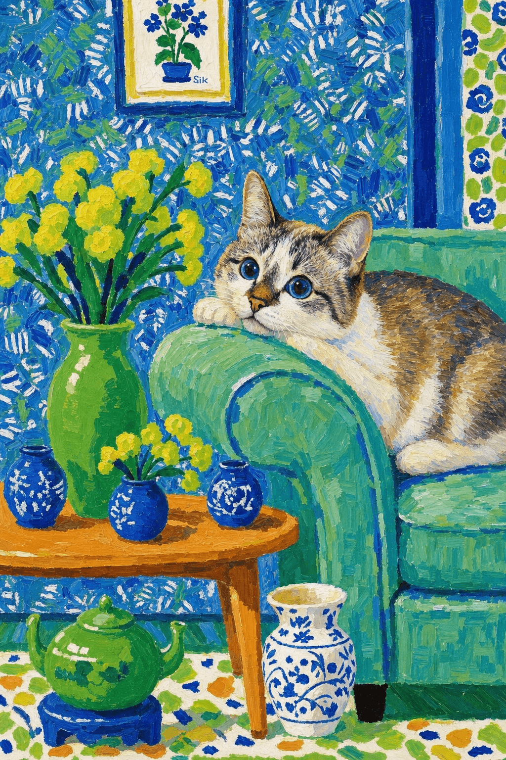 A pet lazy lying on the couch, with head tilt on the edge of couch, eye looking at the the vase. paint in post-impressionism style. Use saturated, non-naturalistic colors and flattened perspective reminiscent of Henri Matisse. painterly and expressive, utilizing thick, confident strokes and quick, rhythmic marks that prioritize texture and visual energy over realistic blending or depth.