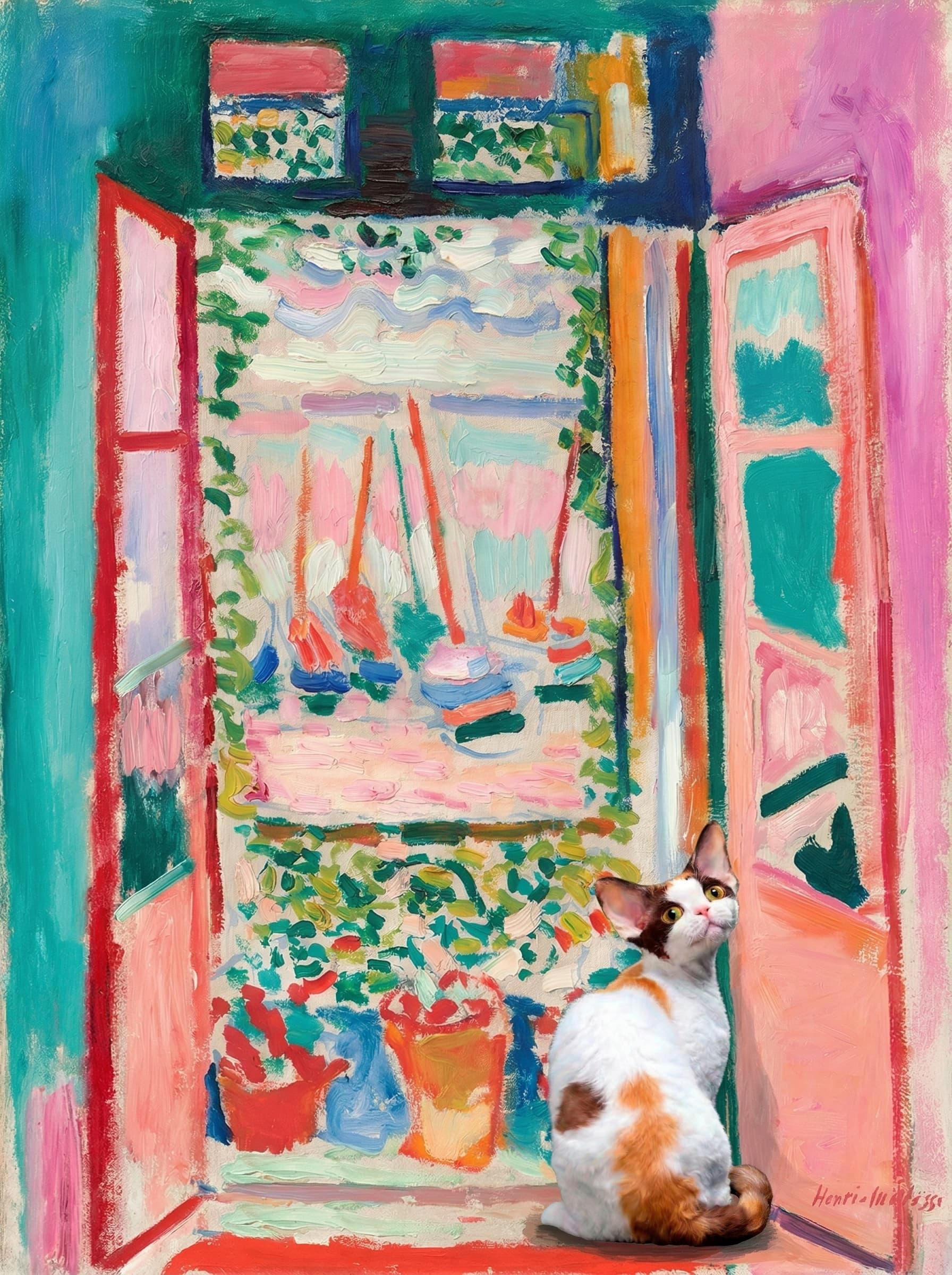 A pet sitting on the right bottom frame of an open door, with its back to the opening while facing the room, looking at the viewer, slight leaning on the right-side door panel. Paint in post-impressionism style. Use loosely painted, vibrantly colored, stylized, vertical painting.