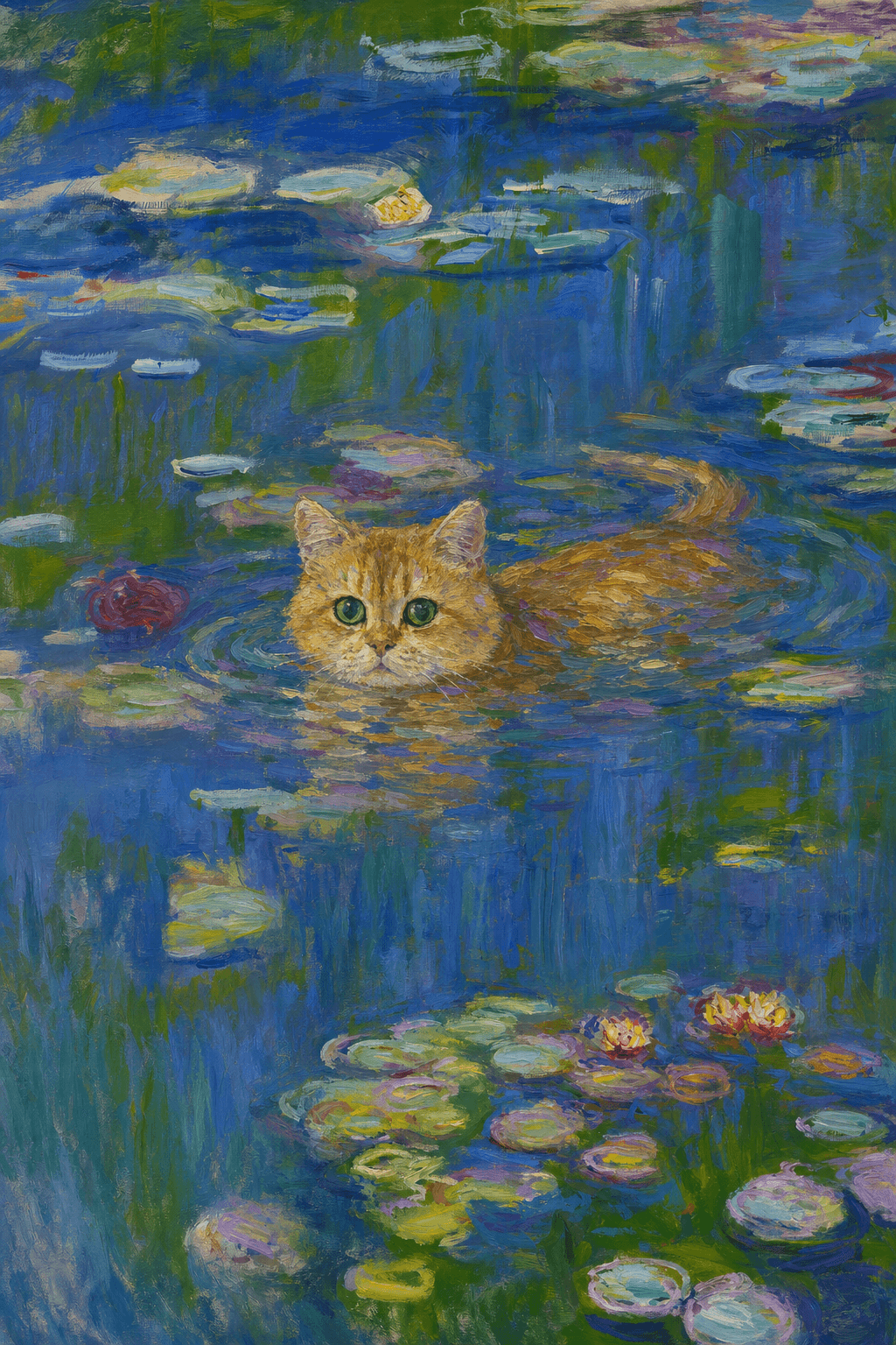 The pet should appear naturally integrated into the middle of the pond, swimming calmly through the water with only its head, upper neck, and a subtle suggestion of its back visible above the surface.
The pet should be facing forward and looking directly at the viewer. Its wet fur should be suggested through painterly strokes.
Blend the pet into the scene using Monet-like impressionist oil painting techniques: visible layered brushstrokes, soft broken color, blue-green reflections, violet shadows, golden-orange highlights, and shimmering ripples around the pet.
The water should partially obscure the pet’s body, with delicate circular ripples spreading outward. Nearby lily pads and water lilies should remain undisturbed but subtly interact with the ripples.
The pet must feel like it was originally painted into the artwork, not pasted on top. Match the atmospheric softness, painterly texture, scale, perspective, and color harmony of the original Water Lilies painting.
Avoid photorealism, sharp outlines, modern digital effects, or excessive detail. The final image should look like a whimsical impressionist oil painting in the spirit of late Monet, with the pet quietly swimming among the lily pads at the center of the pond.
Art Style: Paint in Fauvism, post-impressionism style. Use simplified shapes, exaggerates color, and flattens perspective to create charm and personality.
Use saturated, non-naturalistic colors and flattened perspective reminiscent of Henri Matisse.
The brushwork is loose, visible, and painterly, with uneven strokes that give the surface texture and movement.
Paint with large areas of flat color patches, simplified shapes, bold decorative outlines, and minimal blending.
The composition is flattened and slightly distorted, with compressed perspective.
The painting is expressive, utilizing thick, confident strokes and quick, rhythmic marks that prioritize texture and visual energy over realistic blending or depth.