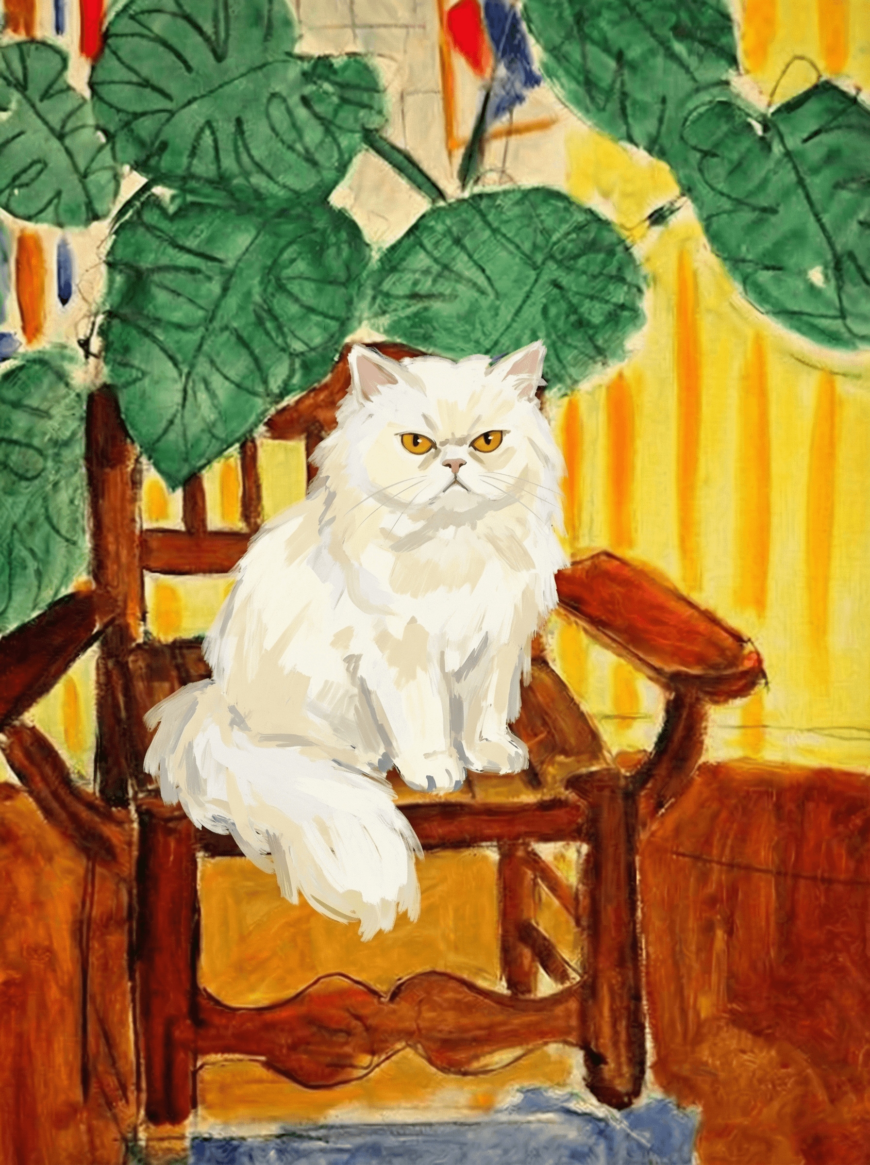 A pet sitting on a brown chair, looking at the viewer. Colors are applied with minimal blending, creating a flat, illustrative feel. The brushwork is broad, rapid, and direct. Strokes are loose, visible, applied thinly, defining the forms quickly without building up significant physical texture or impasto on the surface.