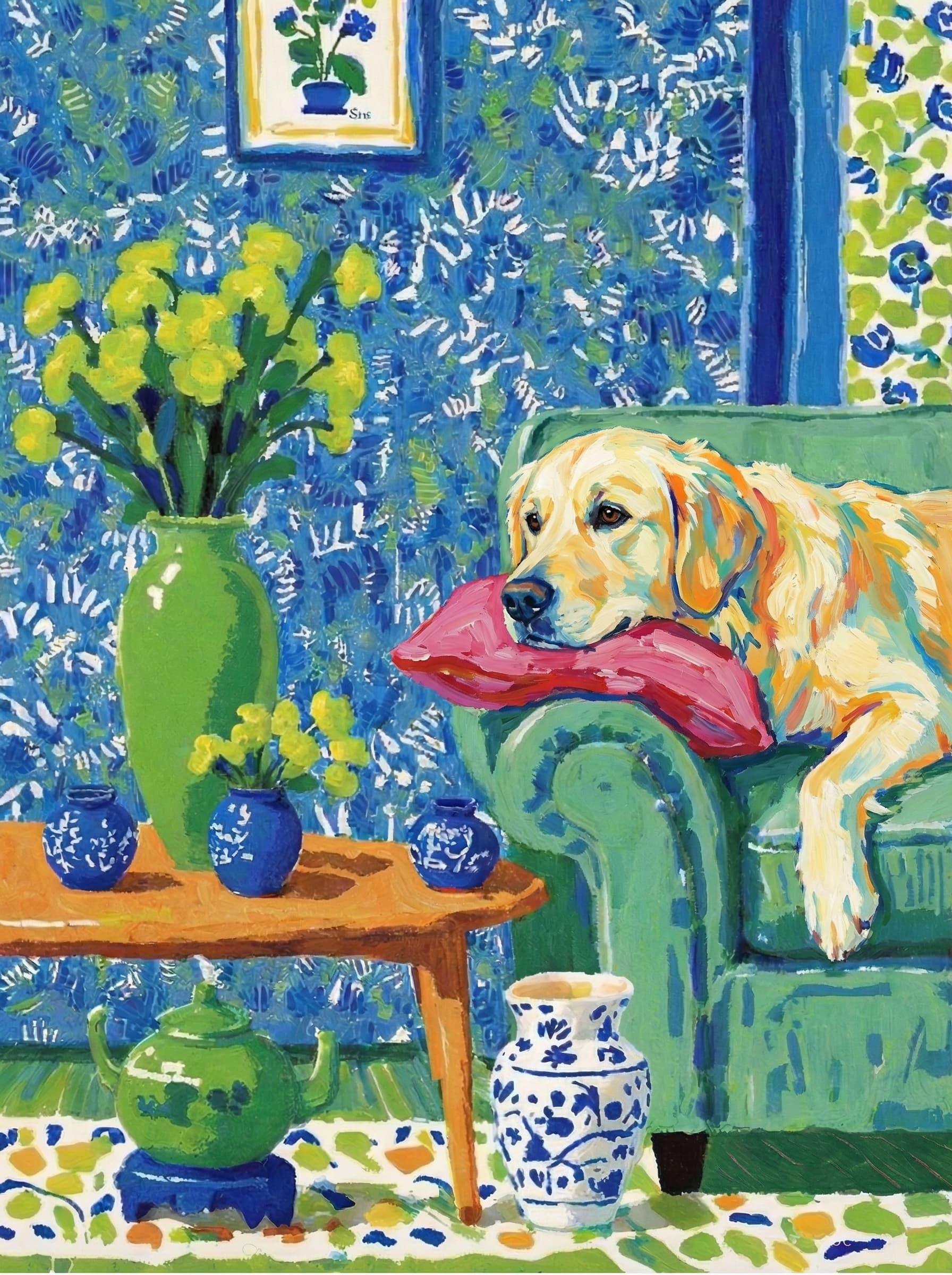 A pet lazy lying on the couch, with head tilt on the edge of couch, eye looking at the the vase. paint in post-impressionism style. Use saturated, non-naturalistic colors and flattened perspective reminiscent of Henri Matisse. painterly and expressive, utilizing thick, confident strokes and quick, rhythmic marks that prioritize texture and visual energy over realistic blending or depth.