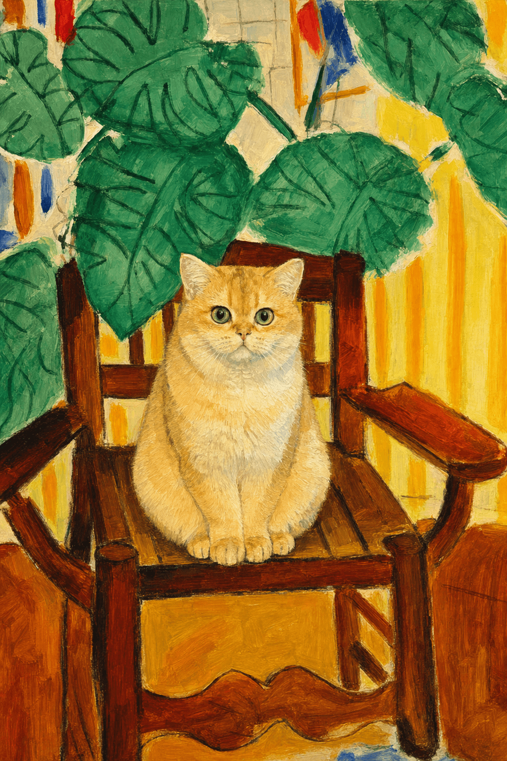 A pet sitting on a brown chair, looking at the viewer. Colors are applied with minimal blending, creating a flat, illustrative feel. The brushwork is broad, rapid, and direct. Strokes are loose, visible, applied thinly, defining the forms quickly without building up significant physical texture or impasto on the surface.