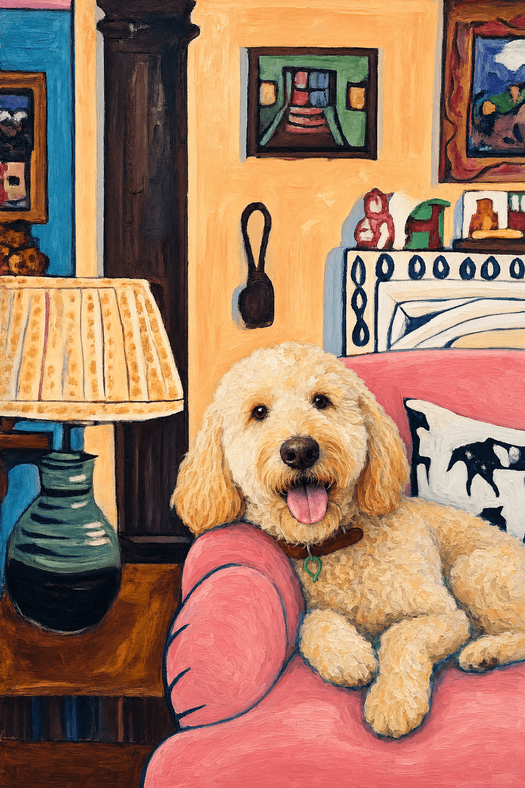 The painting shows a cozy, colorful interior with a warm peach wall and a large pink sofa in the foreground. 
      On the sofa is a white pillow patterned with black cow silhouettes, which adds a playful, rustic touch.
      The pet is resting lazily on a bright pink velvet couch. The husky’s head is rested on the arm of the couch, looked completely relaxed and content. 
      The overall mood is cheerful and intimate, with bold outlines, visible brushstrokes, and slightly simplified forms. 
      Paint in Fauvism, post-impressionism style. Use simplified shapes, exaggerates color, and flattens perspective to create charm and personality.
Use saturated, non-naturalistic colors and flattened perspective reminiscent of Henri Matisse.
The brushwork is loose, visible, and painterly, with uneven strokes that give the surface texture and movement.
The composition is flattened and slightly distorted, with compressed perspective.
The painting is expressive, utilizing thick, confident strokes and quick, rhythmic marks that prioritize texture and visual energy over realistic blending or depth.