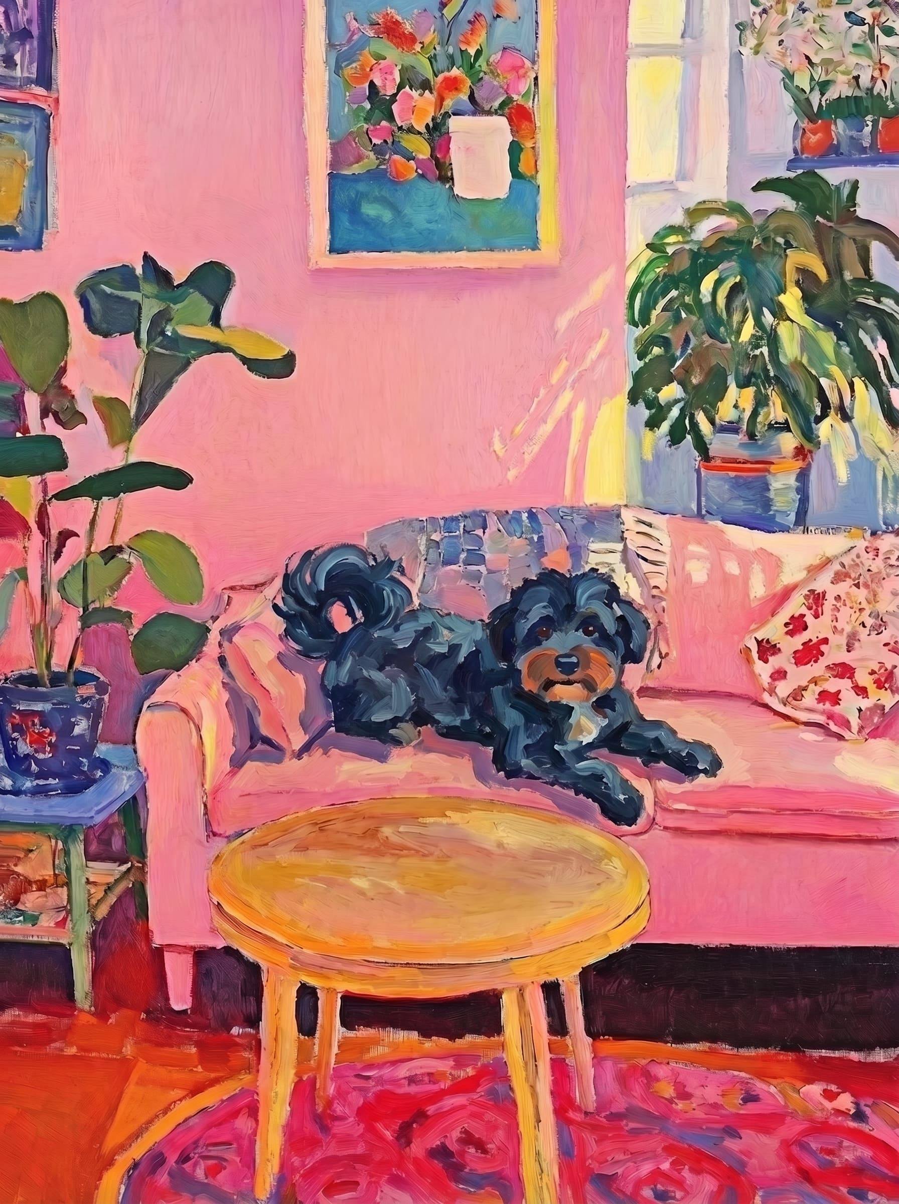 The painting shows a cozy, colorful interior with a warm pink wall and a large pink sofa in the foreground.
      The pet is resting lazily on a bright pink velvet sofa. The pet’s looked completely relaxed and content.
      The overall mood is cheerful and intimate, with bold outlines, visible brushstrokes, and slightly simplified forms.
      Art Style: Paint in Fauvism, post-impressionism style. Use simplified shapes, exaggerates color, and flattens perspective to create charm and personality.
Use saturated, non-naturalistic colors and flattened perspective reminiscent of Henri Matisse.
The brushwork is loose, visible, and painterly, with uneven strokes that give the surface texture and movement.
Paint with large areas of flat color patches, simplified shapes, bold decorative outlines, and minimal blending.
The composition is flattened and slightly distorted, with compressed perspective.
The painting is expressive, utilizing thick, confident strokes and quick, rhythmic marks that prioritize texture and visual energy over realistic blending or depth.