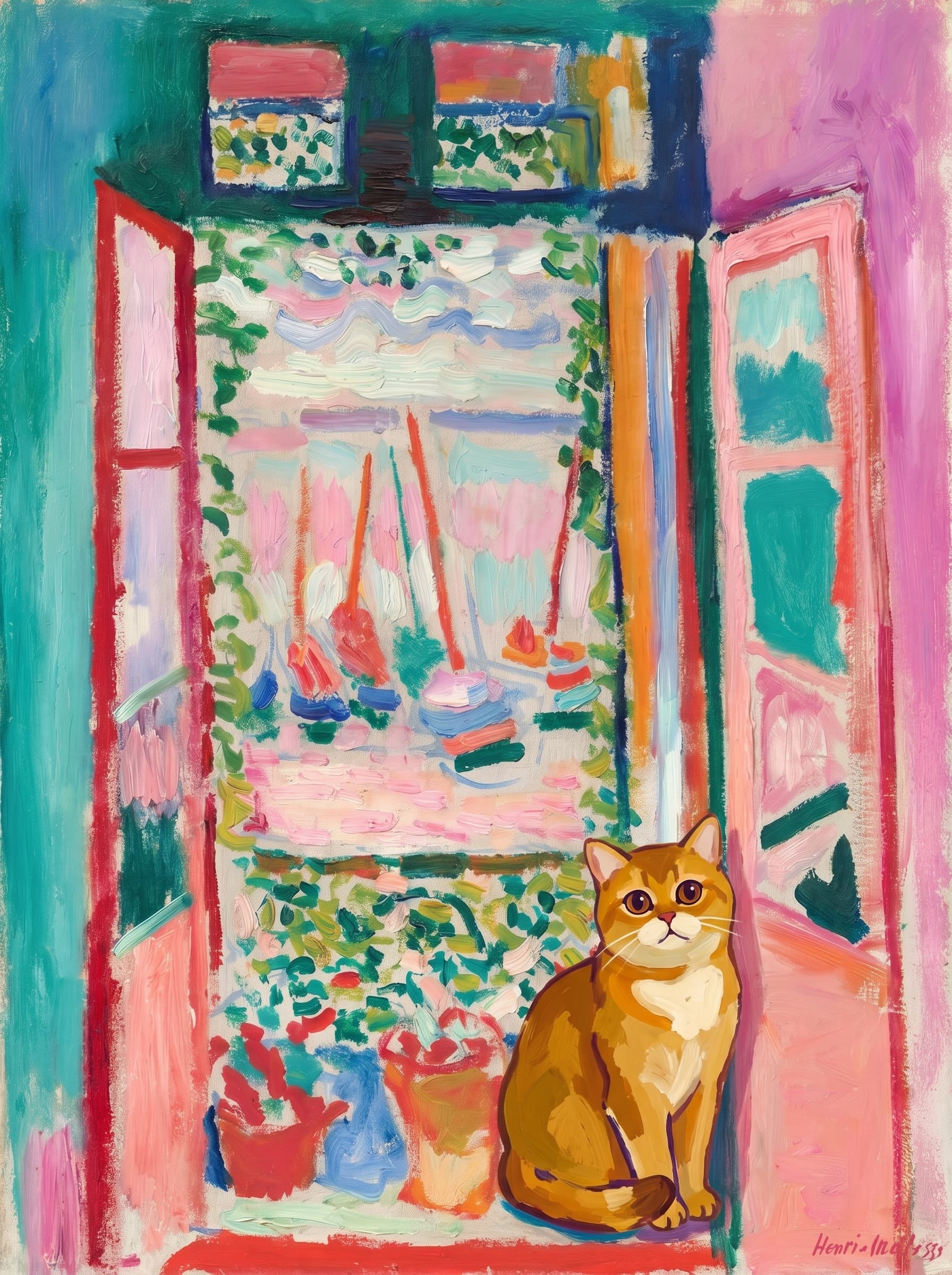 A pet sitting on the right bottom frame of an open door, with its back to the opening while facing the room, looking at the viewer, slight leaning on the right-side door panel. Art Style: Paint in Fauvism, post-impressionism style. Use simplified shapes, exaggerates color, and flattens perspective to create charm and personality.
Use saturated, non-naturalistic colors and flattened perspective reminiscent of Henri Matisse.
The brushwork is loose, visible, and painterly, with uneven strokes that give the surface texture and movement.
Paint with large areas of flat color patches, simplified shapes, bold decorative outlines, and minimal blending.
The composition is flattened and slightly distorted, with compressed perspective.
The painting is expressive, utilizing thick, confident strokes and quick, rhythmic marks that prioritize texture and visual energy over realistic blending or depth.