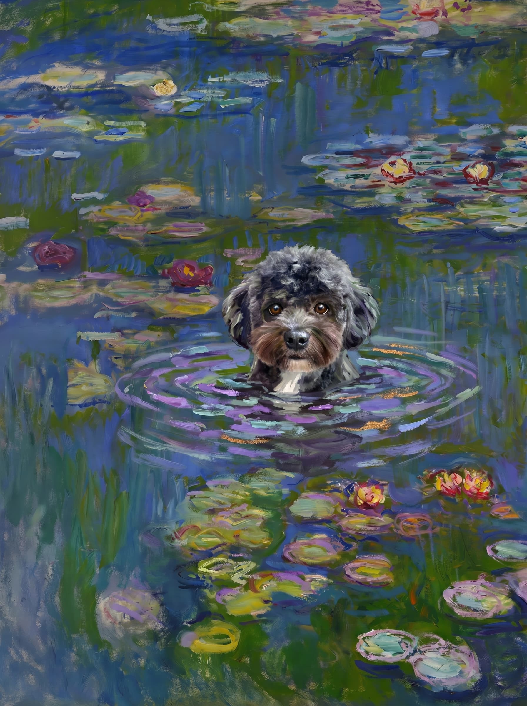 The pet should appear naturally integrated into the middle of the pond, swimming calmly through the water with only its head, upper neck, and a subtle suggestion of its back visible above the surface.
      The pet should be facing forward and looking directly at the viewer. Its wet fur should be suggested through painterly strokes.
      Blend the pet into the scene using Monet-like impressionist oil painting techniques: visible layered brushstrokes, soft broken color, blue-green reflections, violet shadows, golden-orange highlights, and shimmering ripples around the pet. 
      The water should partially obscure the pet’s body, with delicate circular ripples spreading outward. Nearby lily pads and water lilies should remain undisturbed but subtly interact with the ripples.
      The pet must feel like it was originally painted into the artwork, not pasted on top. Match the atmospheric softness, painterly texture, scale, perspective, and color harmony of the original Water Lilies painting. 
      Avoid photorealism, sharp outlines, modern digital effects, or excessive detail. The final image should look like a whimsical impressionist oil painting in the spirit of late Monet, with the pet quietly swimming among the lily pads at the center of the pond.
      Art Style: Paint in Fauvism, post-impressionism style. Use simplified shapes, exaggerates color, and flattens perspective to create charm and personality.
Use saturated, non-naturalistic colors and flattened perspective reminiscent of Henri Matisse.
The brushwork is loose, visible, and painterly, with uneven strokes that give the surface texture and movement.
Paint with large areas of flat color patches, simplified shapes, bold decorative outlines, and minimal blending.
The composition is flattened and slightly distorted, with compressed perspective.
The painting is expressive, utilizing thick, confident strokes and quick, rhythmic marks that prioritize texture and visual energy over realistic blending or depth.