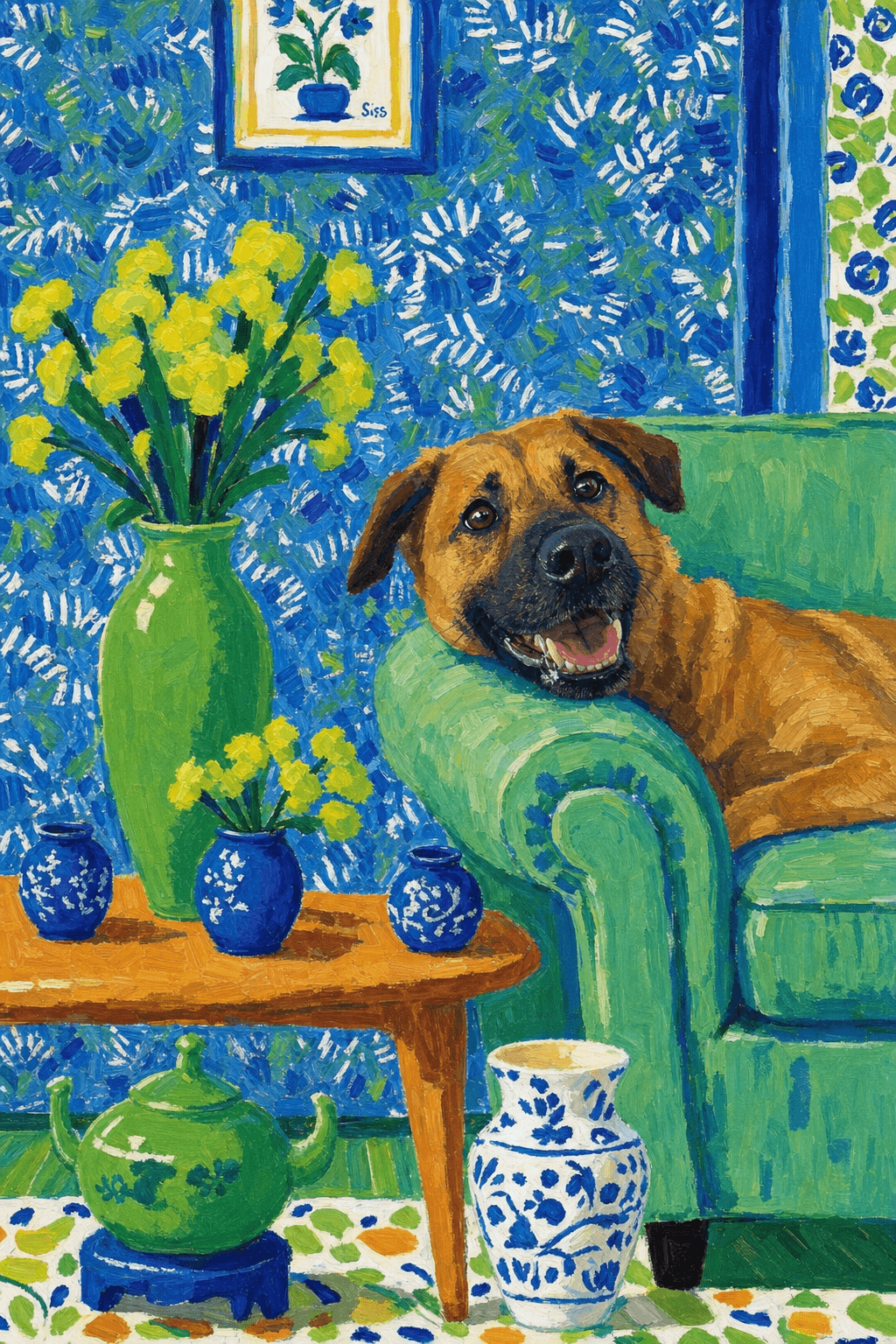 A pet lazy lying on the couch, with head tilt on the edge of couch, eye looking at the the vase. paint in post-impressionism style. Use saturated, non-naturalistic colors and flattened perspective reminiscent of Henri Matisse. painterly and expressive, utilizing thick, confident strokes and quick, rhythmic marks that prioritize texture and visual energy over realistic blending or depth.