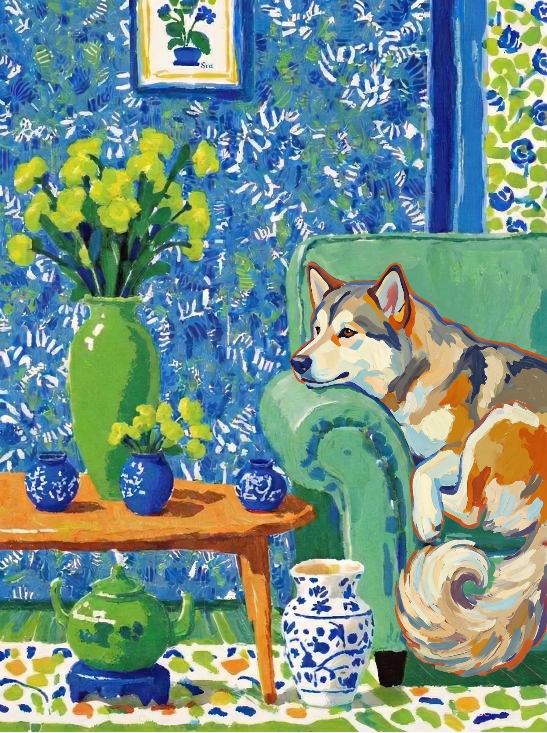 A pet lazy lying on the couch, with head tilt on the edge of couch, eye looking at the the vase. Art Style: Paint in Fauvism, post-impressionism style. Use simplified shapes, exaggerates color, and flattens perspective to create charm and personality.
Use saturated, non-naturalistic colors and flattened perspective reminiscent of Henri Matisse.
The brushwork is loose, visible, and painterly, with uneven strokes that give the surface texture and movement.
Paint with large areas of flat color patches, simplified shapes, bold decorative outlines, and minimal blending.
The composition is flattened and slightly distorted, with compressed perspective.
The painting is expressive, utilizing thick, confident strokes and quick, rhythmic marks that prioritize texture and visual energy over realistic blending or depth.