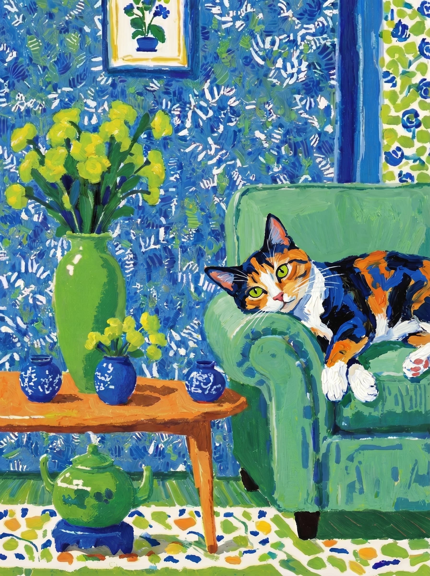 A pet lazy lying on the couch, with head tilt on the edge of couch, eye looking at the the vase. paint in post-impressionism style. Use saturated, non-naturalistic colors and flattened perspective reminiscent of Henri Matisse. painterly and expressive, utilizing thick, confident strokes and quick, rhythmic marks that prioritize texture and visual energy over realistic blending or depth.