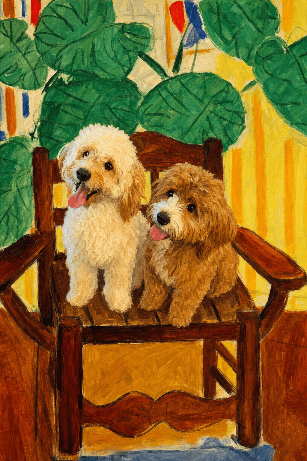 A pet sitting on a brown chair, looking at the viewer. Colors are applied with minimal blending, creating a flat, illustrative feel. The brushwork is broad, rapid, and direct. Strokes are loose, visible, applied thinly, defining the forms quickly without building up significant physical texture or impasto on the surface.