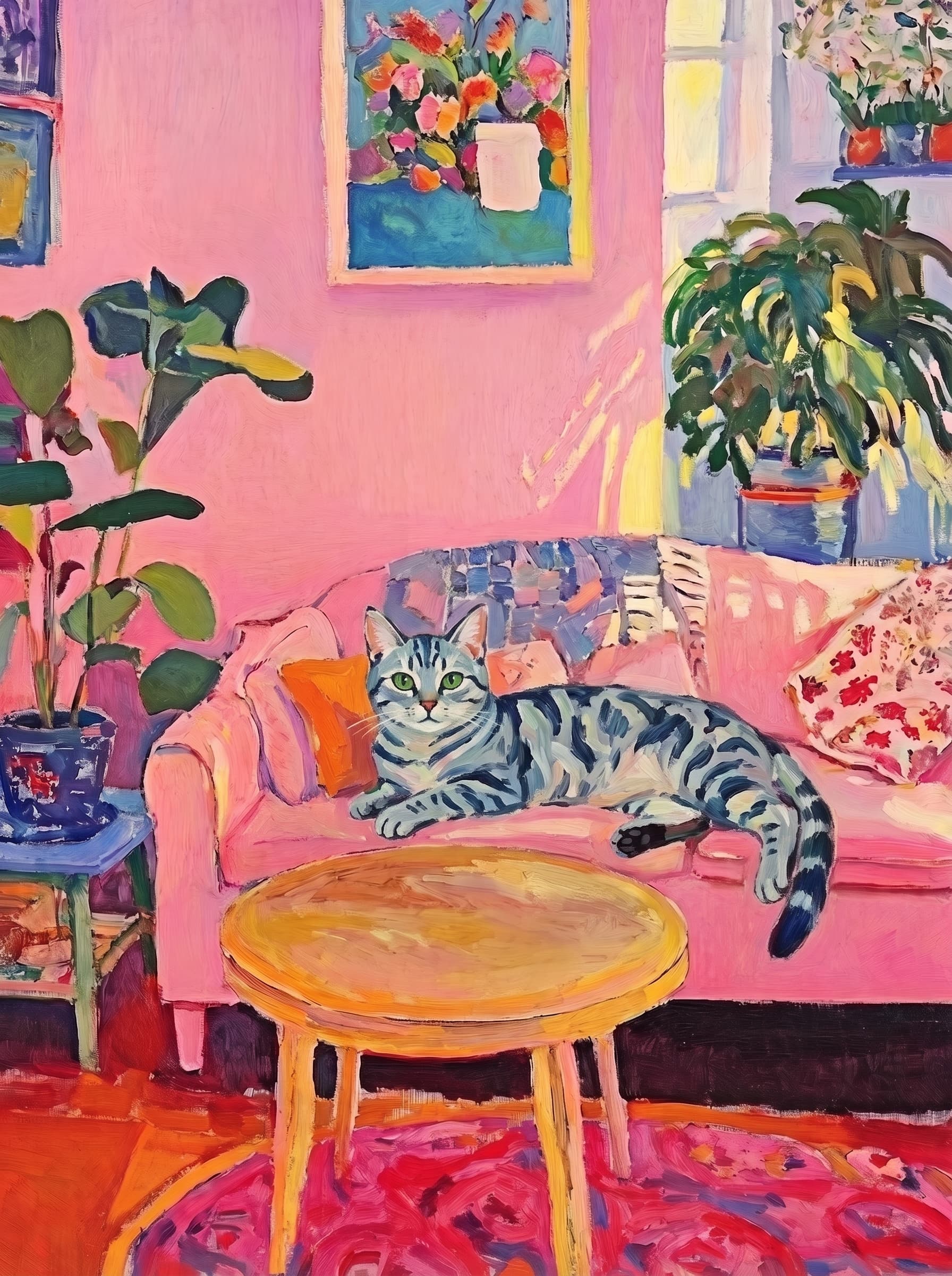 The painting shows a cozy, colorful interior with a warm pink wall and a large pink sofa in the foreground.
      The pet is resting lazily on a bright pink velvet sofa. The pet’s looked completely relaxed and content.
      The overall mood is cheerful and intimate, with bold outlines, visible brushstrokes, and slightly simplified forms.
      Art Style: Paint in Fauvism, post-impressionism style. Use simplified shapes, exaggerates color, and flattens perspective to create charm and personality.
Use saturated, non-naturalistic colors and flattened perspective reminiscent of Henri Matisse.
The brushwork is loose, visible, and painterly, with uneven strokes that give the surface texture and movement.
Paint with large areas of flat color patches, simplified shapes, bold decorative outlines, and minimal blending.
The composition is flattened and slightly distorted, with compressed perspective.
The painting is expressive, utilizing thick, confident strokes and quick, rhythmic marks that prioritize texture and visual energy over realistic blending or depth.