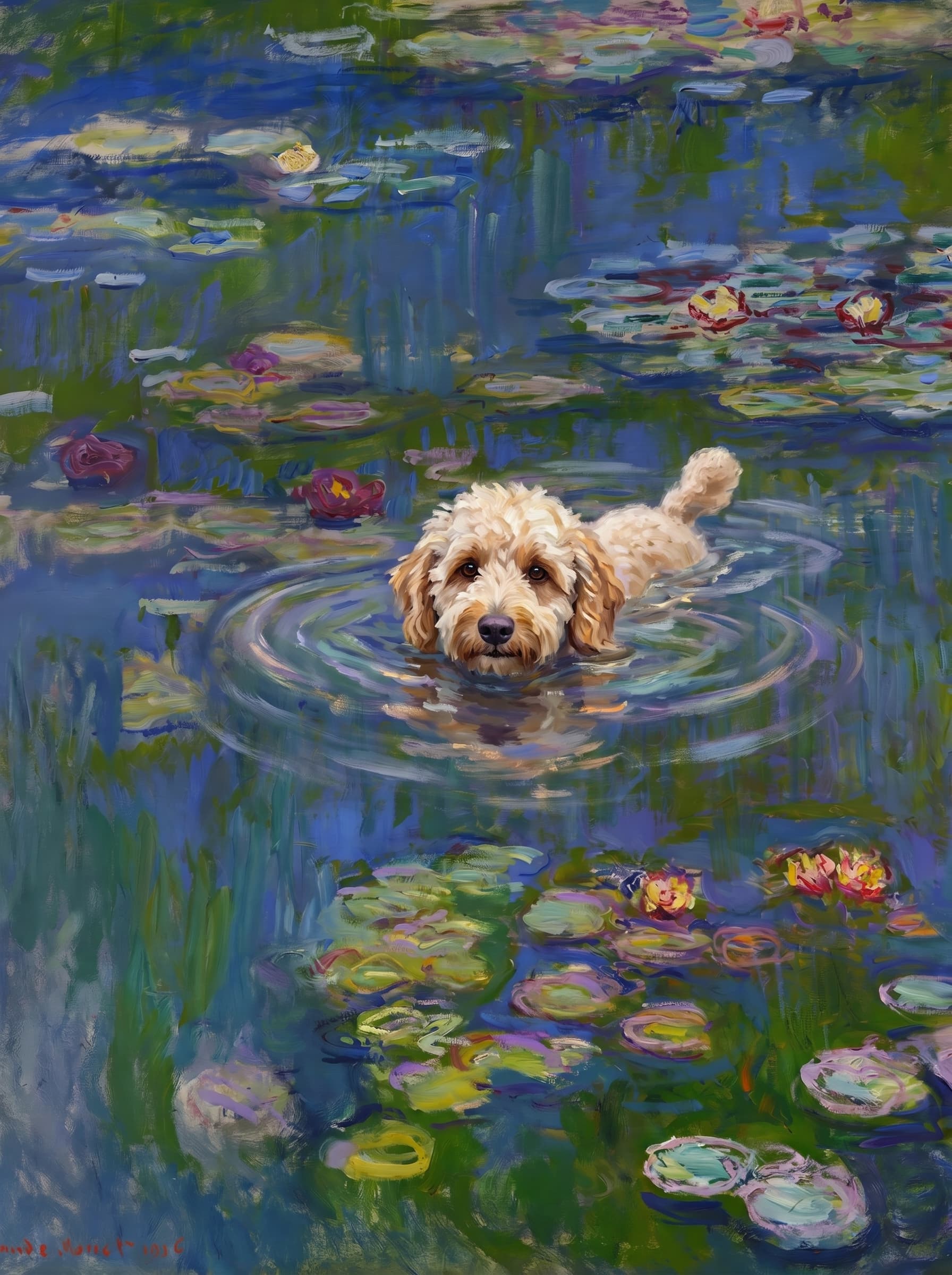 The pet should appear naturally integrated into the middle of the pond, swimming calmly through the water with only its head, upper neck, and a subtle suggestion of its back visible above the surface.
The pet should be facing forward and looking directly at the viewer. Its wet fur should be suggested through painterly strokes.
Blend the pet into the scene using Monet-like impressionist oil painting techniques: visible layered brushstrokes, soft broken color, blue-green reflections, violet shadows, golden-orange highlights, and shimmering ripples around the pet.
The water should partially obscure the pet’s body, with delicate circular ripples spreading outward. Nearby lily pads and water lilies should remain undisturbed but subtly interact with the ripples.
The pet must feel like it was originally painted into the artwork, not pasted on top. Match the atmospheric softness, painterly texture, scale, perspective, and color harmony of the original Water Lilies painting.
Avoid photorealism, sharp outlines, modern digital effects, or excessive detail. The final image should look like a whimsical impressionist oil painting in the spirit of late Monet, with the pet quietly swimming among the lily pads at the center of the pond.
Art Style: Paint in Fauvism, post-impressionism style. Use simplified shapes, exaggerates color, and flattens perspective to create charm and personality.
Use saturated, non-naturalistic colors and flattened perspective reminiscent of Henri Matisse.
The brushwork is loose, visible, and painterly, with uneven strokes that give the surface texture and movement.
Paint with large areas of flat color patches, simplified shapes, bold decorative outlines, and minimal blending.
The composition is flattened and slightly distorted, with compressed perspective.
The painting is expressive, utilizing thick, confident strokes and quick, rhythmic marks that prioritize texture and visual energy over realistic blending or depth.