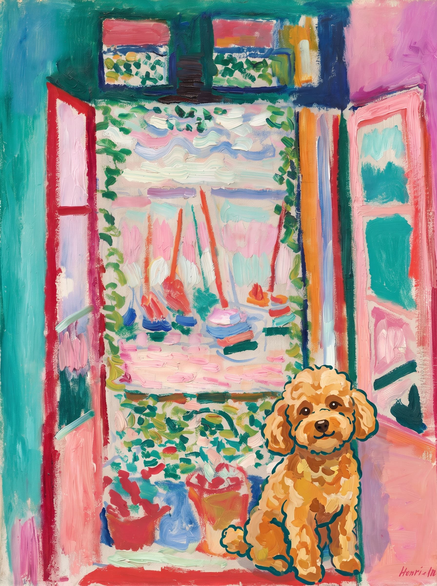 A pet sitting on the right bottom frame of an open door, with its back to the opening while facing the room, looking at the viewer, slight leaning on the right-side door panel. Art Style: Paint in Fauvism, post-impressionism style. Use simplified shapes, exaggerates color, and flattens perspective to create charm and personality.
Use saturated, non-naturalistic colors and flattened perspective reminiscent of Henri Matisse.
The brushwork is loose, visible, and painterly, with uneven strokes that give the surface texture and movement.
Paint with large areas of flat color patches, simplified shapes, bold decorative outlines, and minimal blending.
The composition is flattened and slightly distorted, with compressed perspective.
The painting is expressive, utilizing thick, confident strokes and quick, rhythmic marks that prioritize texture and visual energy over realistic blending or depth.
