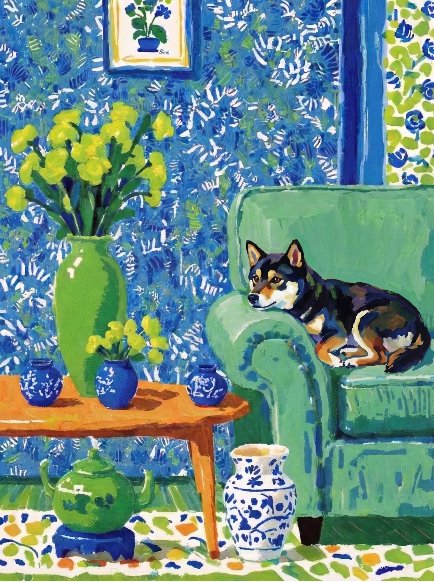 A pet lazy lying on the couch, with head tilt on the edge of couch, eye looking at the the vase. Art Style: Paint in Fauvism, post-impressionism style. Use simplified shapes, exaggerates color, and flattens perspective to create charm and personality.
Use saturated, non-naturalistic colors and flattened perspective reminiscent of Henri Matisse.
The brushwork is loose, visible, and painterly, with uneven strokes that give the surface texture and movement.
Paint with large areas of flat color patches, simplified shapes, bold decorative outlines, and minimal blending.
The composition is flattened and slightly distorted, with compressed perspective.
The painting is expressive, utilizing thick, confident strokes and quick, rhythmic marks that prioritize texture and visual energy over realistic blending or depth.