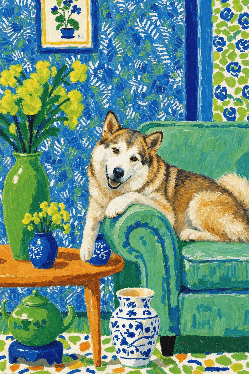 A pet lazy lying on the couch, with head tilt on the edge of couch, eye looking at the the vase. paint in post-impressionism style. Use saturated, non-naturalistic colors and flattened perspective reminiscent of Henri Matisse. painterly and expressive, utilizing thick, confident strokes and quick, rhythmic marks that prioritize texture and visual energy over realistic blending or depth.
