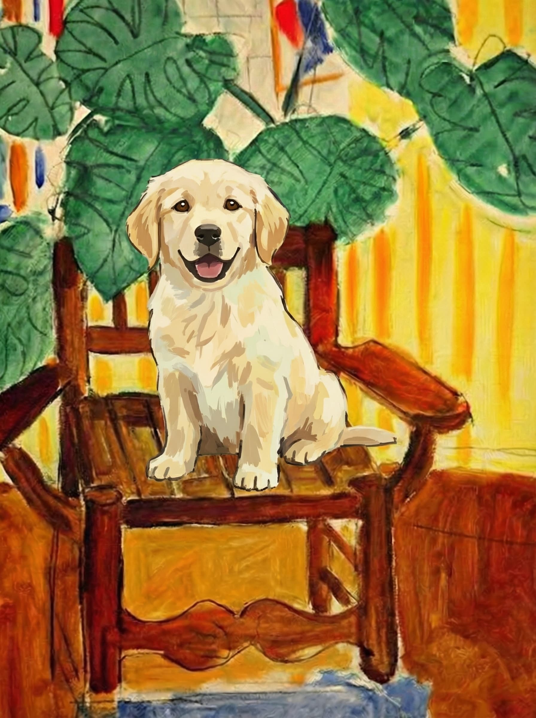 A pet sitting on a brown chair, looking at the viewer. Colors are applied with minimal blending, creating a flat, illustrative feel. The brushwork is broad, rapid, and direct. Strokes are loose, visible, applied thinly, defining the forms quickly without building up significant physical texture or impasto on the surface.