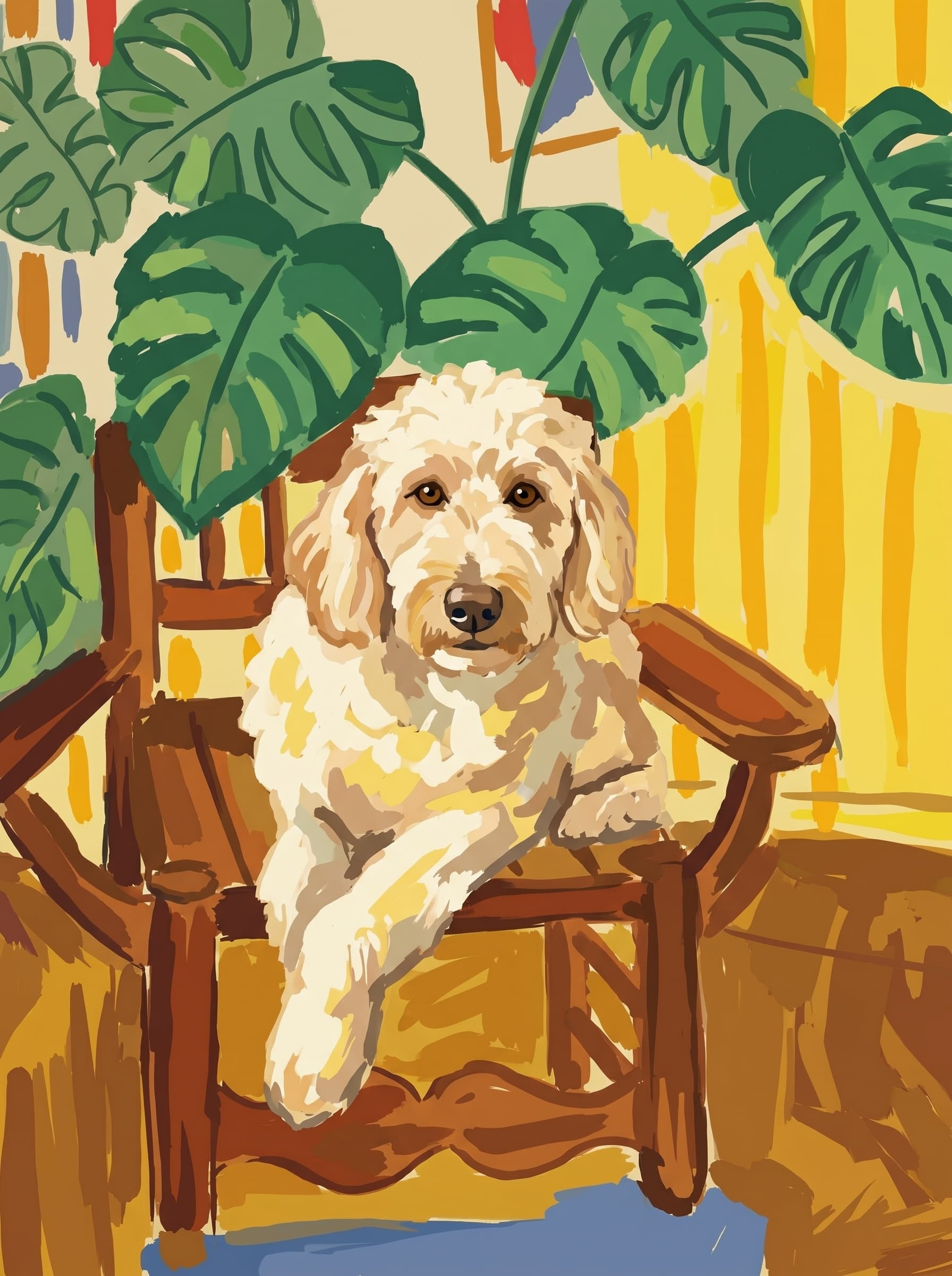 A pet sitting on a brown chair, looking at the viewer. Colors are applied with minimal blending, creating a flat, illustrative feel. The brushwork is broad, rapid, and direct. Strokes are loose, visible, applied thinly, defining the forms quickly without building up significant physical texture or impasto on the surface.