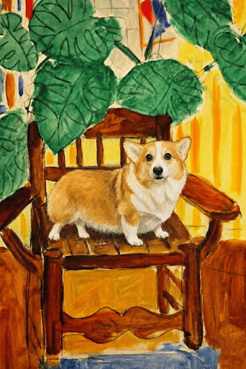 A pet sitting on a brown chair, looking at the viewer. Colors are applied with minimal blending, creating a flat, illustrative feel. The brushwork is broad, rapid, and direct. Strokes are loose, visible, applied thinly, defining the forms quickly without building up significant physical texture or impasto on the surface.